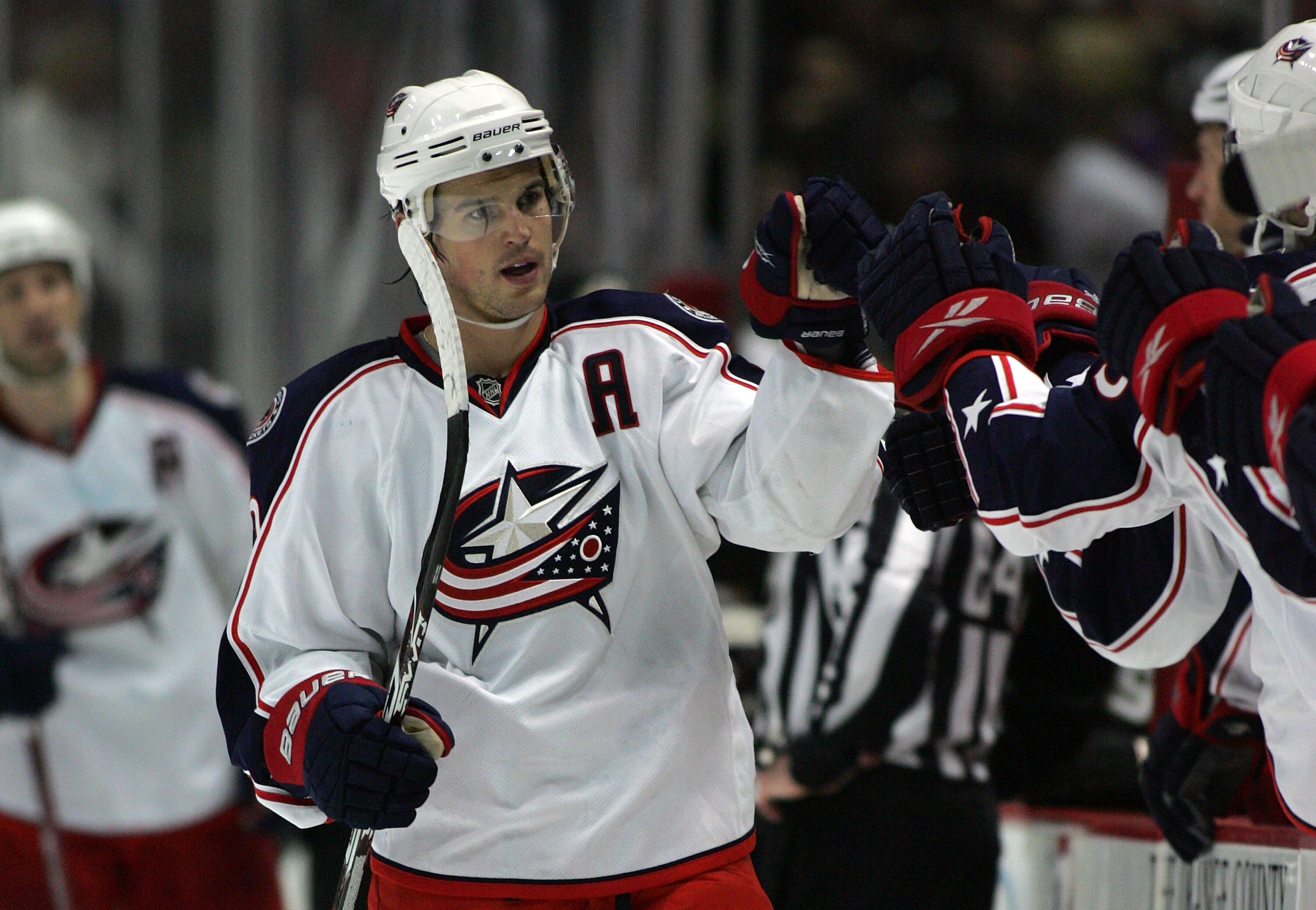 ANAHEIM, CA - MARCH 09:  Antoine Vermette #40 of the Columbus Blue Jackets skates by the Blue Jackets bench to celebrate his third-period goal against the Anaheim Ducks during their NHL game at the Honda Center on March 9, 2010 in Anaheim, California. The