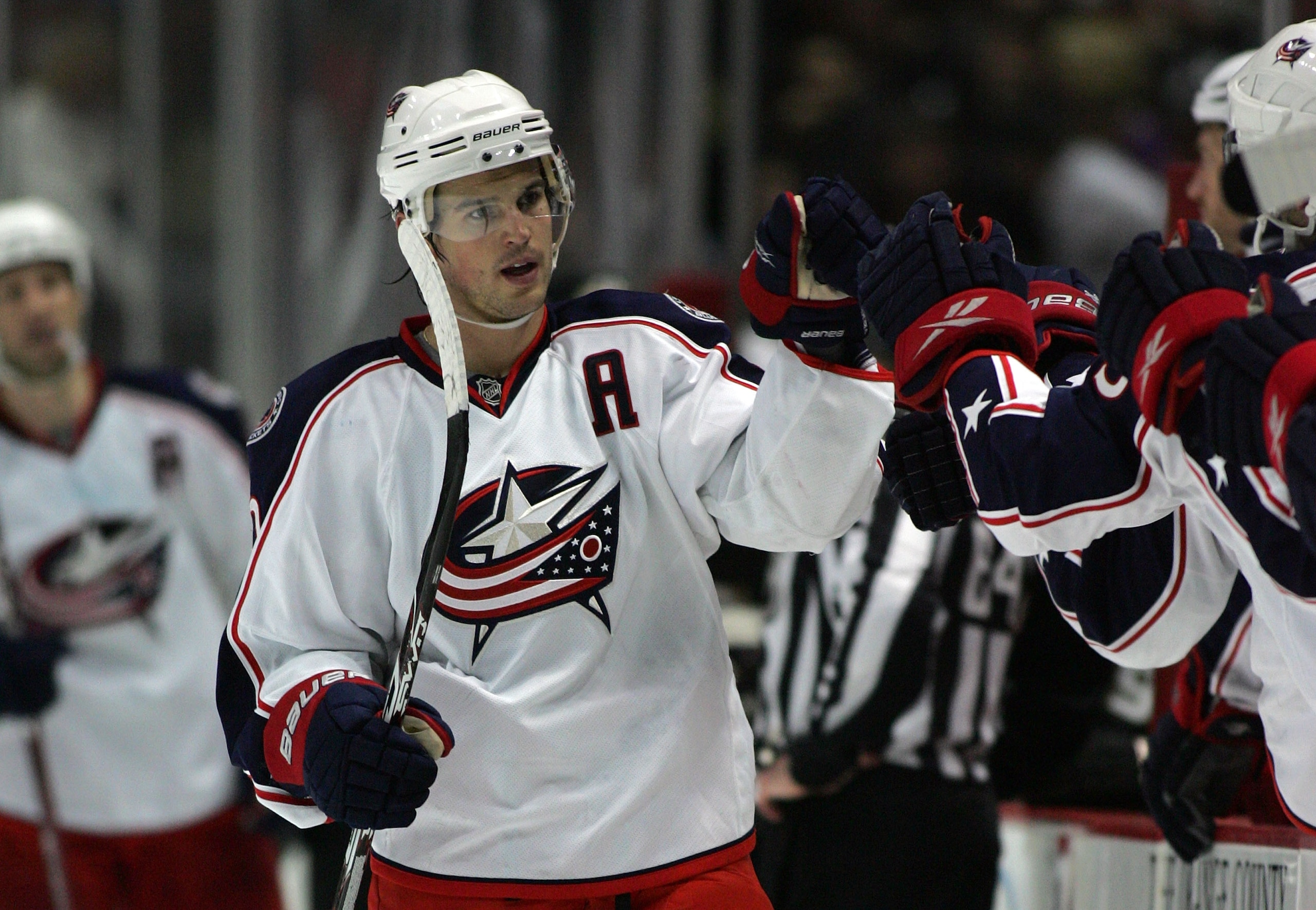 ANAHEIM, CA - MARCH 09: Antoine Vermette #40 of the Columbus Blue Jackets skates by the Blue Jackets bench to celebrate his third-period goal against the Anaheim Ducks during their NHL game at the Honda Center on March 9, 2010 in Anaheim, California. The ANAHEIM, CA - MARCH 09: Antoine Vermette #40 of the Columbus Blue Jackets skates by the Blue Jackets bench to celebrate his third-period goal against the Anaheim Ducks during their NHL game at the Honda Center on March 9, 2010 in Anaheim, California. The