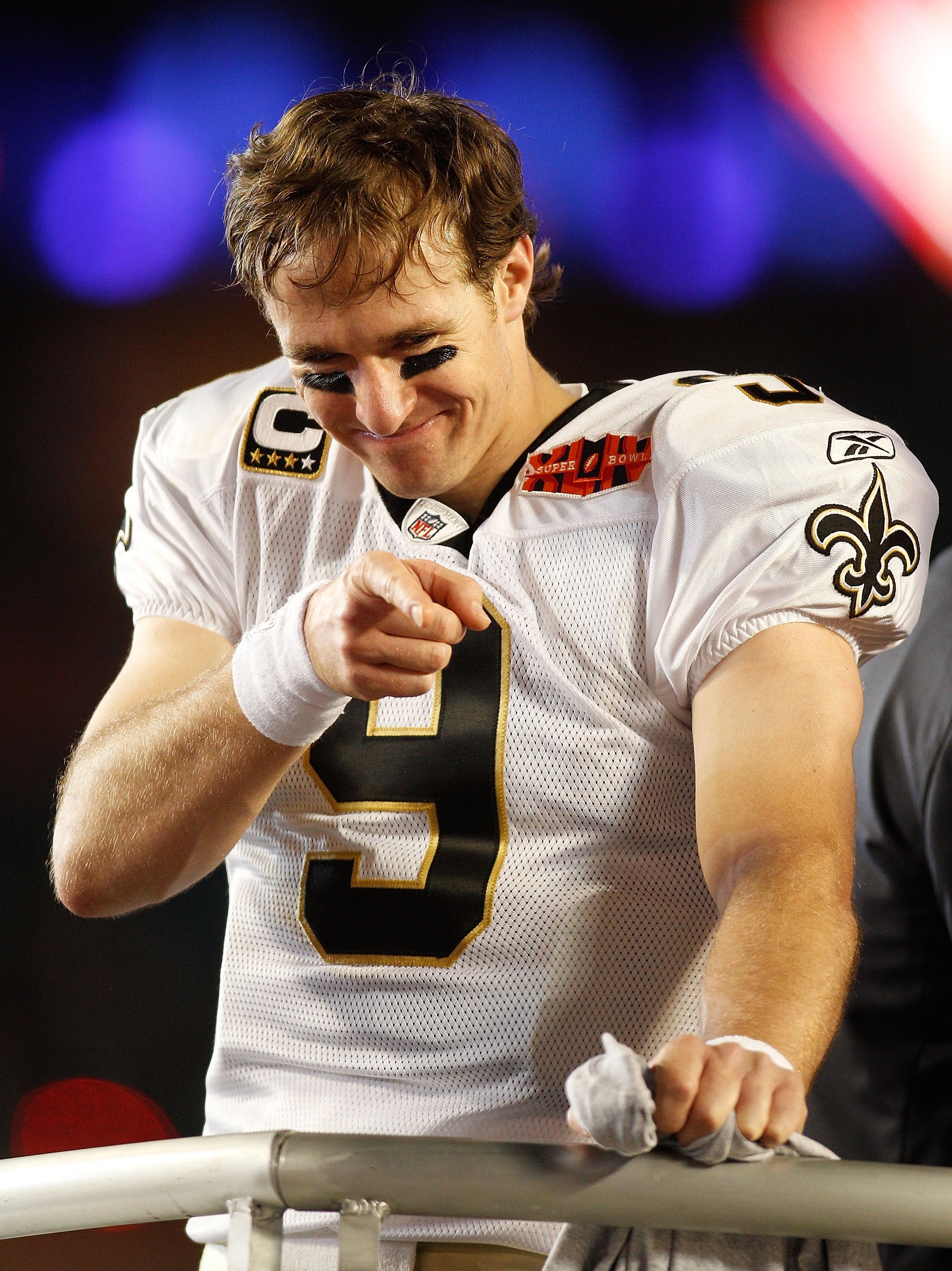 MIAMI GARDENS, FL - FEBRUARY 07:  Quarterback Drew Brees #9 of the New Orleans Saints smiles after his team defeated the Indianapolis Colts during Super Bowl XLIV on February 7, 2010 at Sun Life Stadium in Miami Gardens, Florida.  (Photo by Chris Graythen