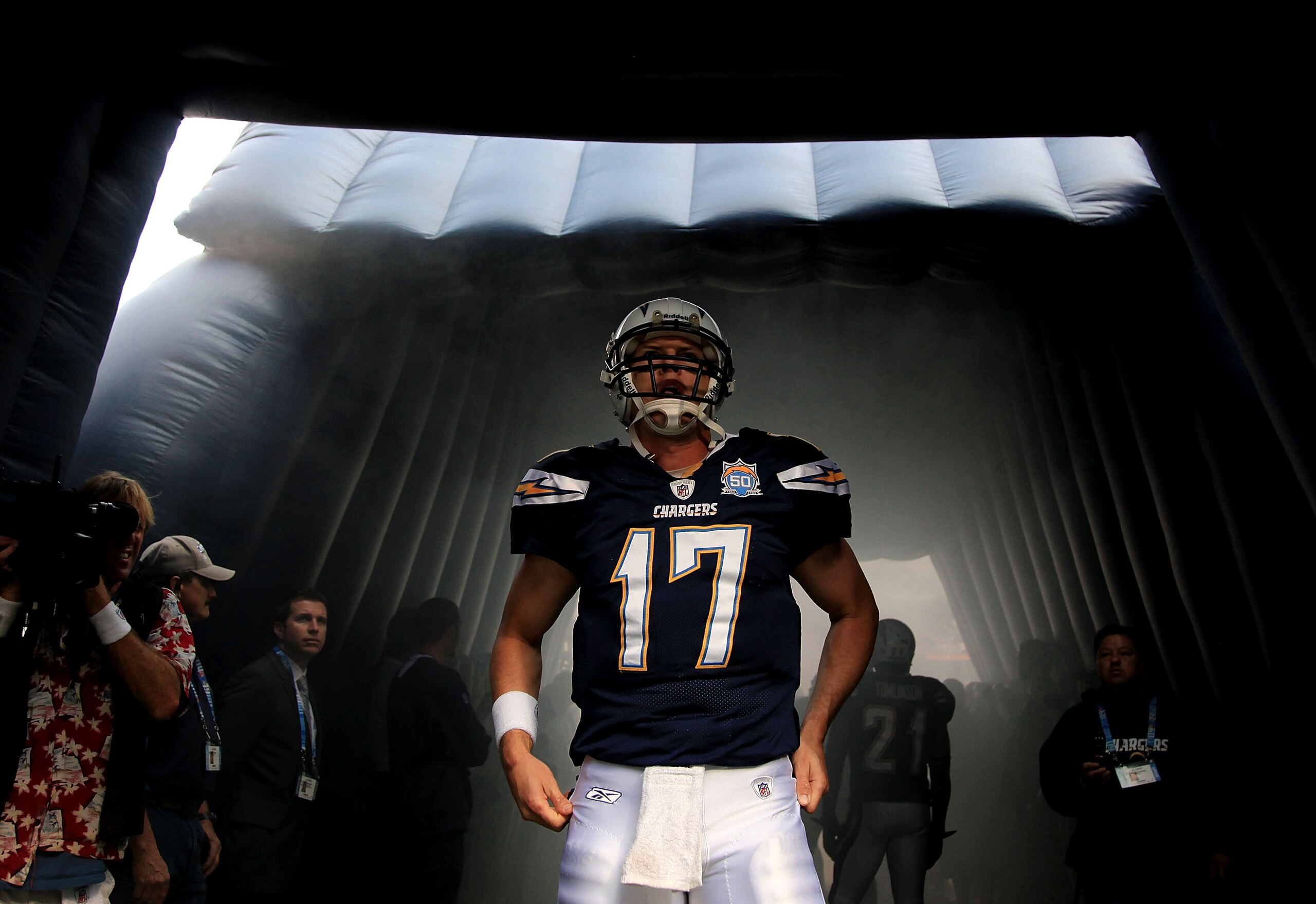 SAN DIEGO - JANUARY 17:  Quarterback Philip Rivers #17 of the San Diego Chargers walks on to the field prior to the AFC Divisional Playoff Game against the New York Jets at Qualcomm Stadium on January 17, 2010 in San Diego, California.  (Photo by Donald M