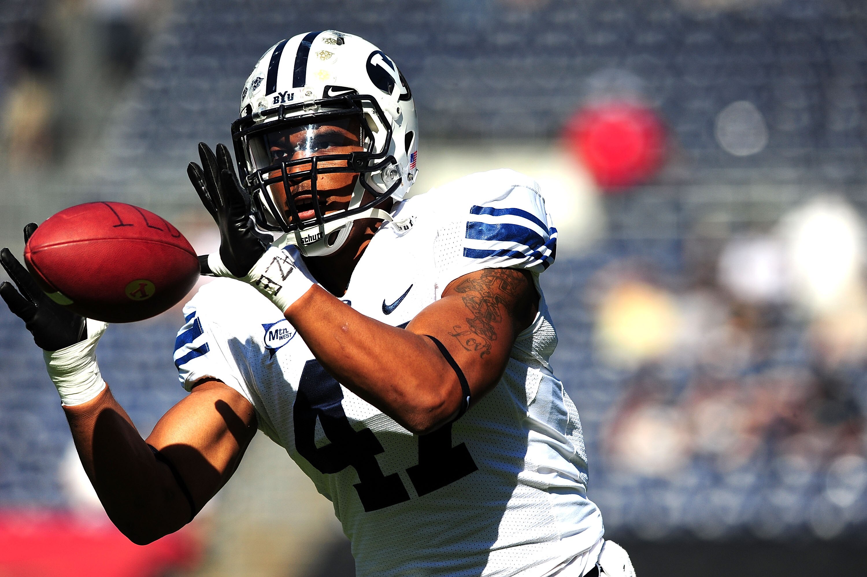 SAN DIEGO - OCTOBER 17: Terrence Hooks #47 of BYU Cougars warms up before the game against San Diego State Aztecs at Qualcomm Stadium on October 17, 2009 in San Diego, California.  (Photo by Jacob de Golish/Getty Images)