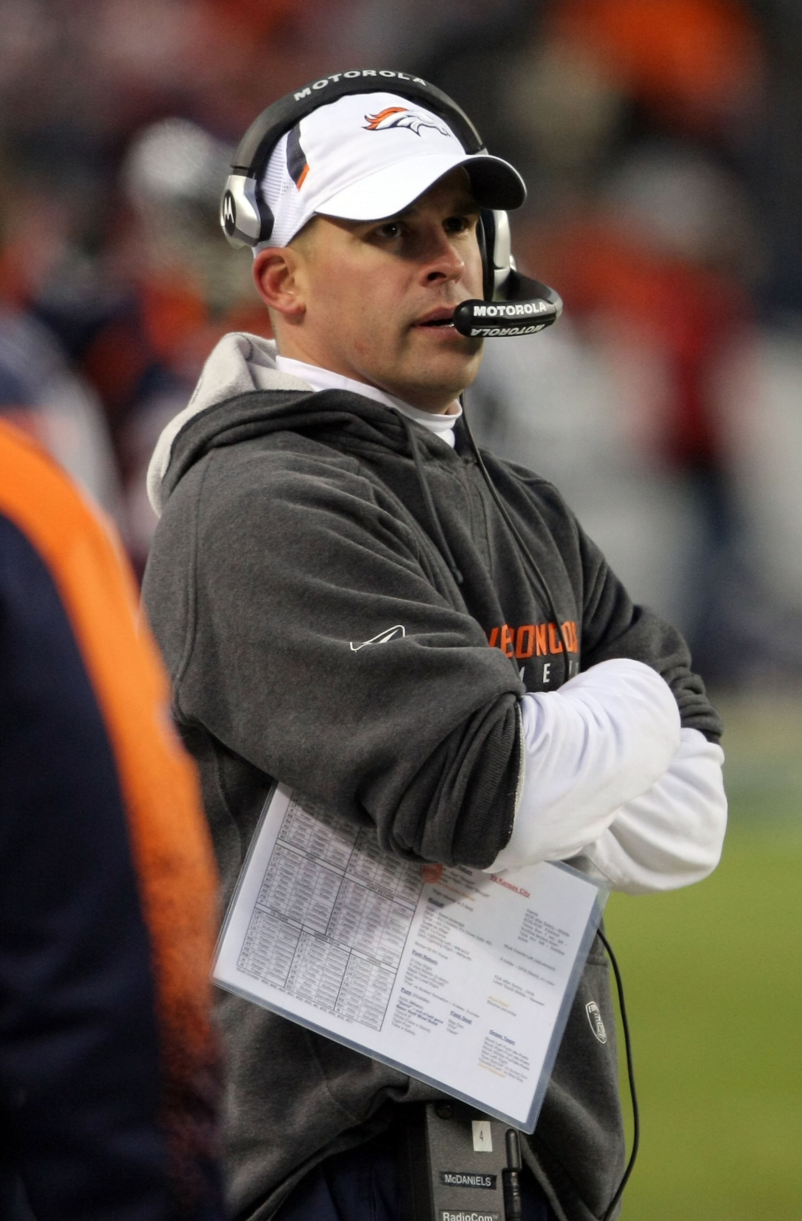 DENVER - JANUARY 03:  Head coach Josh McDaniels of the Denver Broncos leads his team against the Kansas City Chiefs during NFL action at Invesco Field at Mile High on January 3, 2010 in Denver, Colorado. The Chiefs defeated the Broncos 44-24.  (Photo by D