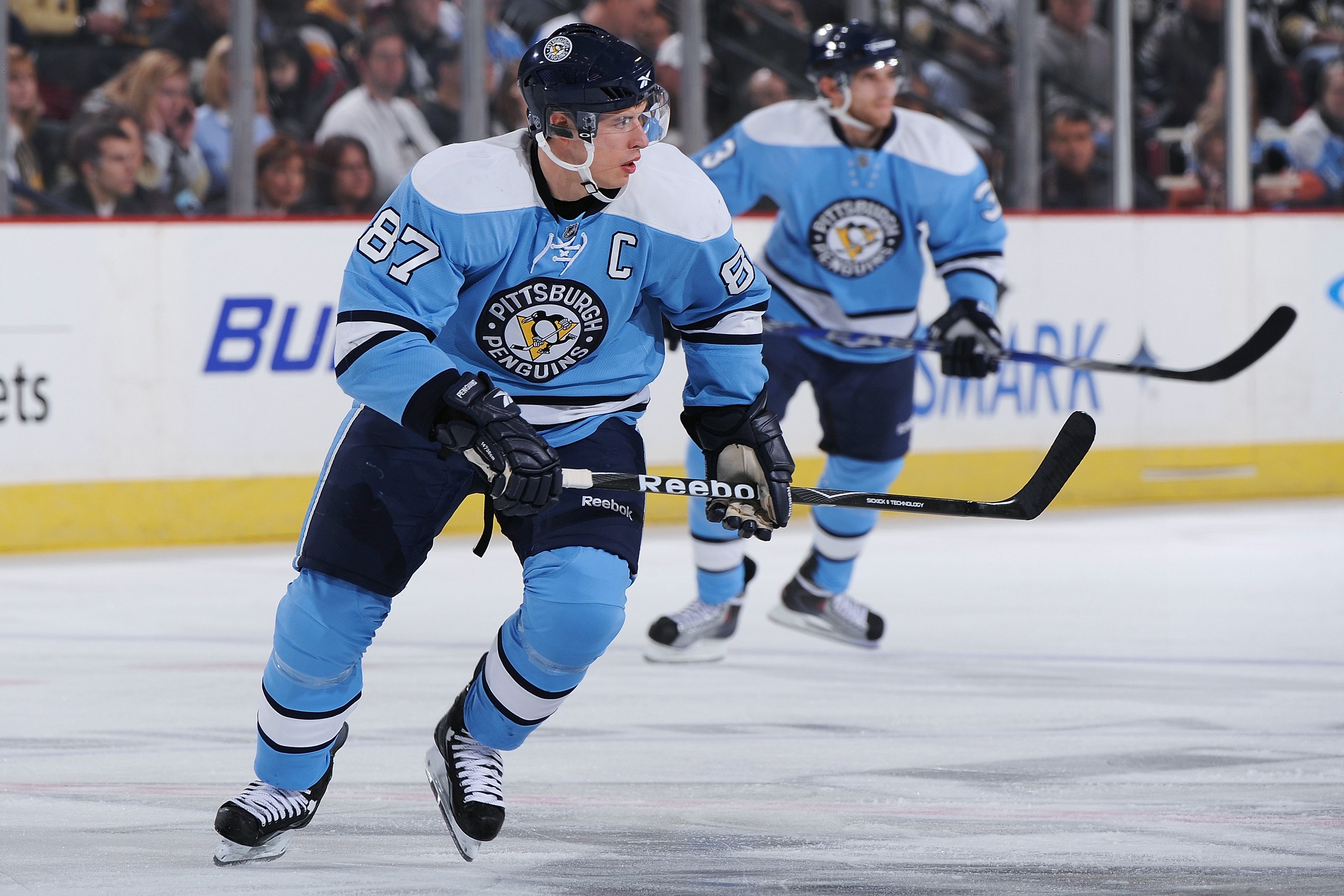 PITTSBURGH - FEBRUARY 1:  Forward Sidney Crosby #87 of the Pittsburgh Penguins skates against the Buffalo Sabres on February 1, 2010 at Mellon Arena in Pittsburgh, Pennsylvania.  (Photo by Jamie Sabau/Getty Images)