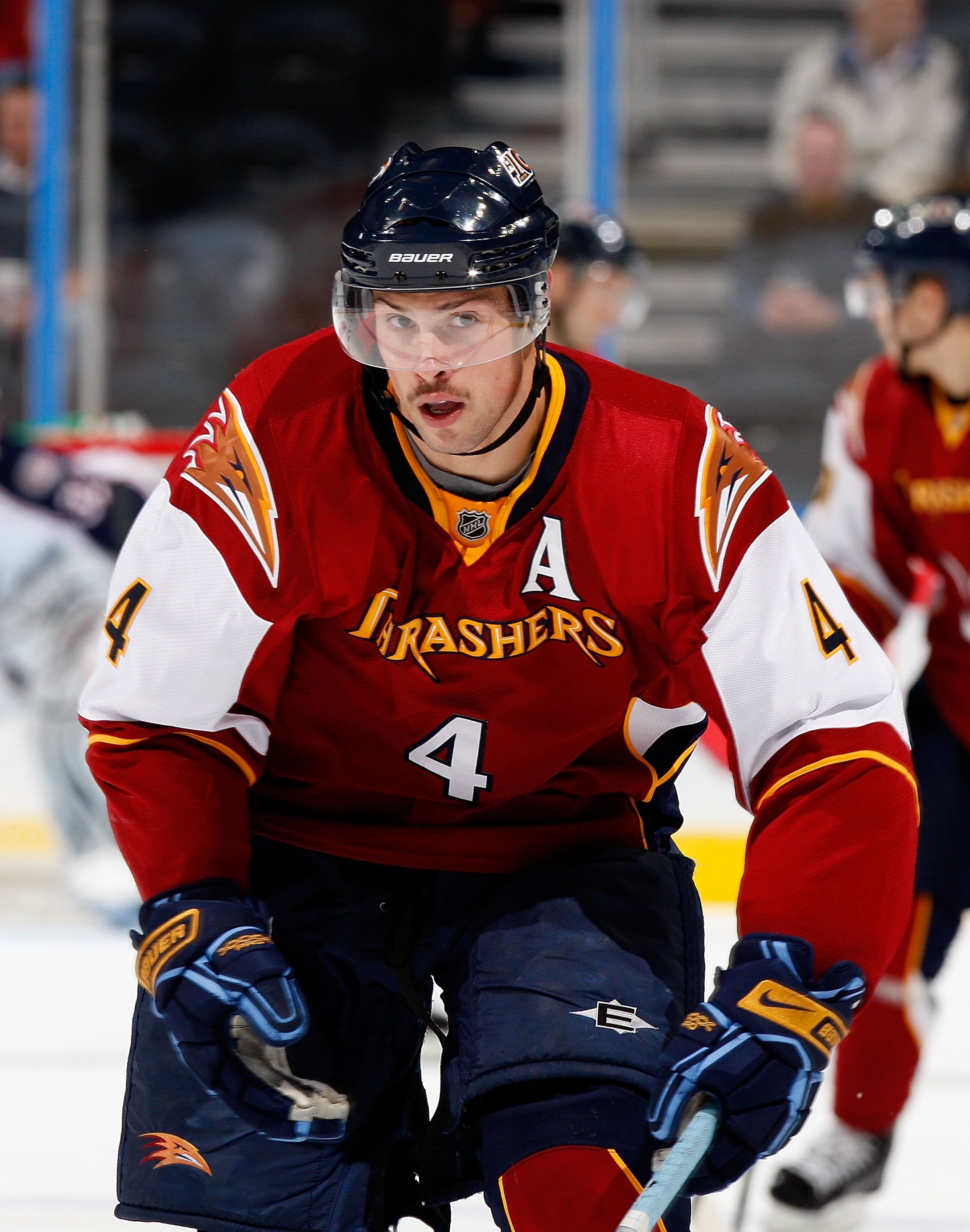 ATLANTA - NOVEMBER 05:  Zach Bogosian #4 of the Atlanta Thrashers against the Columbus Blue Jackets at Philips Arena on November 5, 2009 in Atlanta, Georgia.  (Photo by Kevin C. Cox/Getty Images)