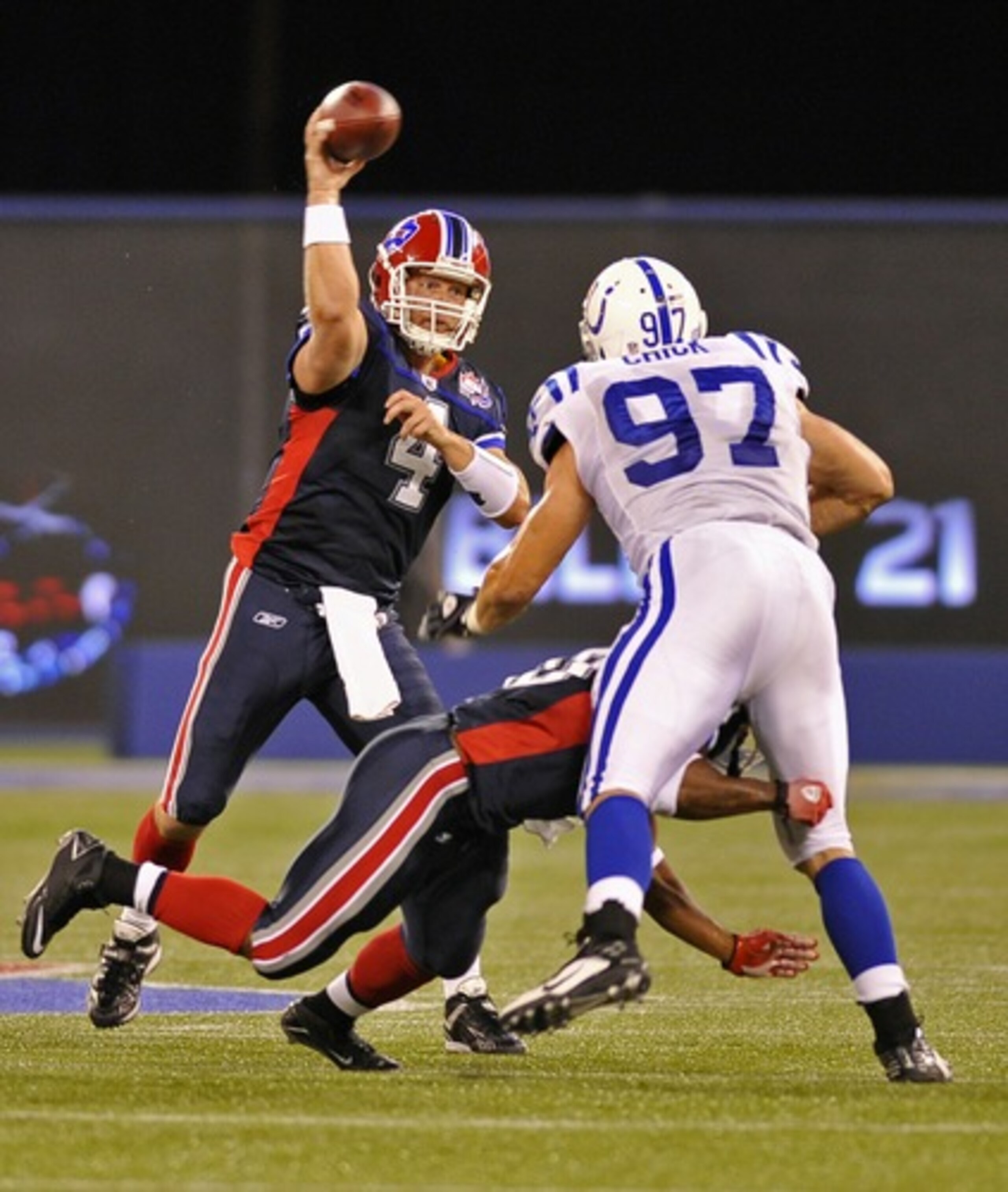 Brian Brohm gets off this pass against the Colts in Toronto. Brian Brohm gets off this pass against the Colts in Toronto.