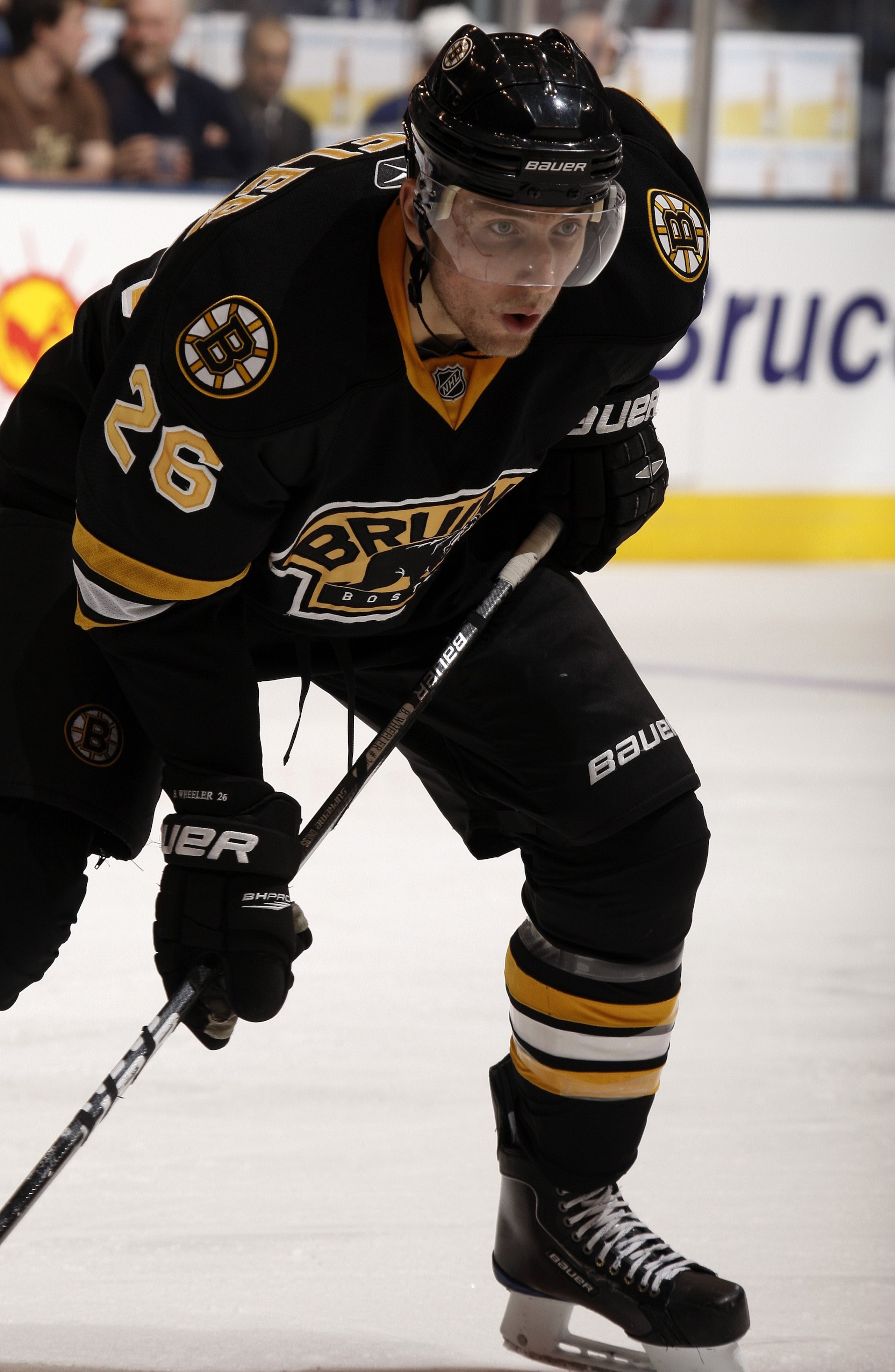 TORONTO - DECEMBER 19:  Blake Wheeler #26 of the Boston Bruins gets ready for a face-off during the game against the Toronto Maple Leafs on December 19, 2009 at the Air Canada Centre in Toronto, Ontario, Canada. (Photo by Abelimages/Getty Images)