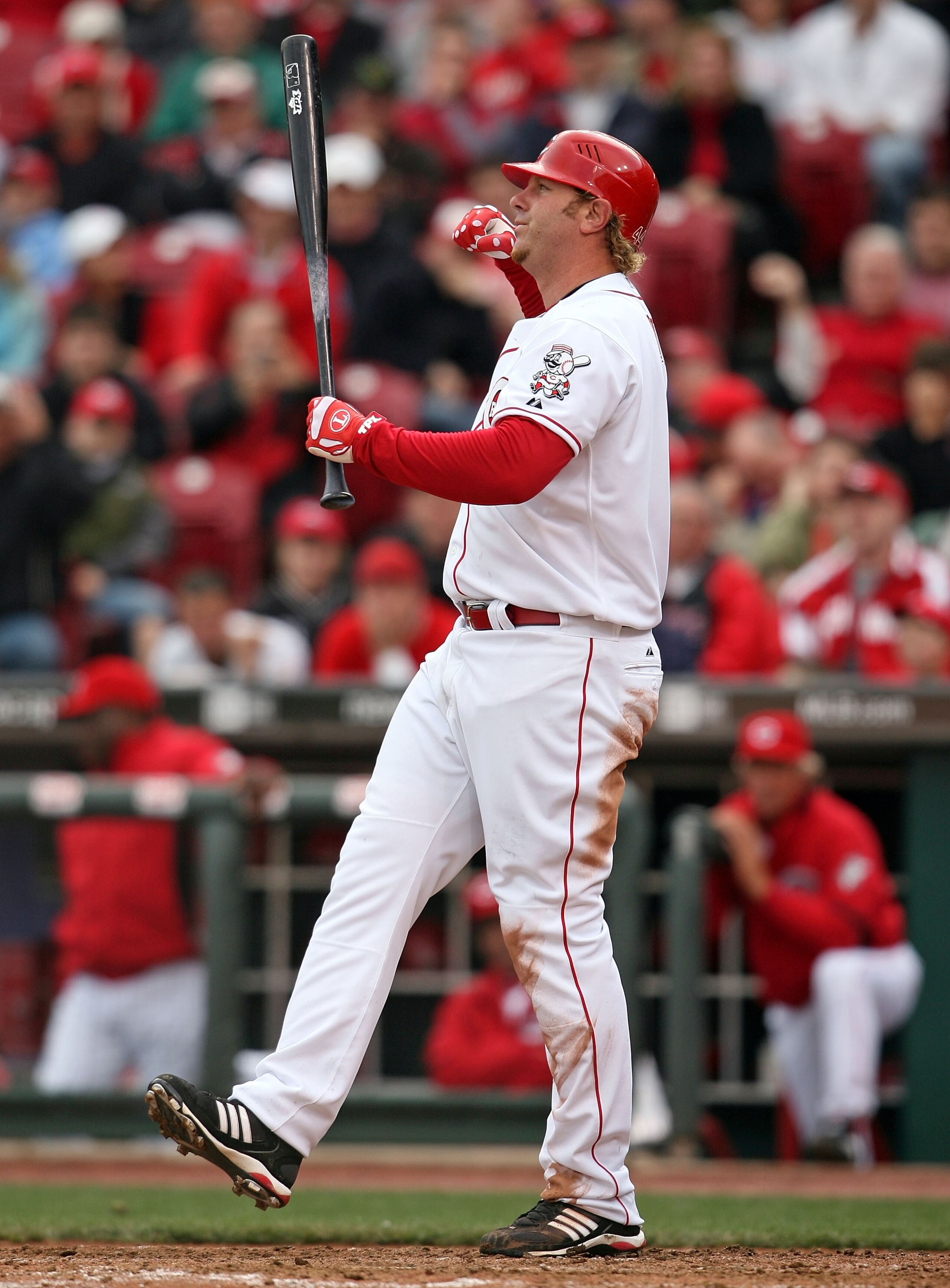 CINCINNATI - MARCH 31:  Adam Dunn #44 of the Cincinnati Reds strikes out in the ninth inning on opening day against the Arizona Diamondbacks on March 31, 2008 at Great American Ball Park in Cincinnati, Ohio.  (Photo by Andy Lyons/Getty Images)