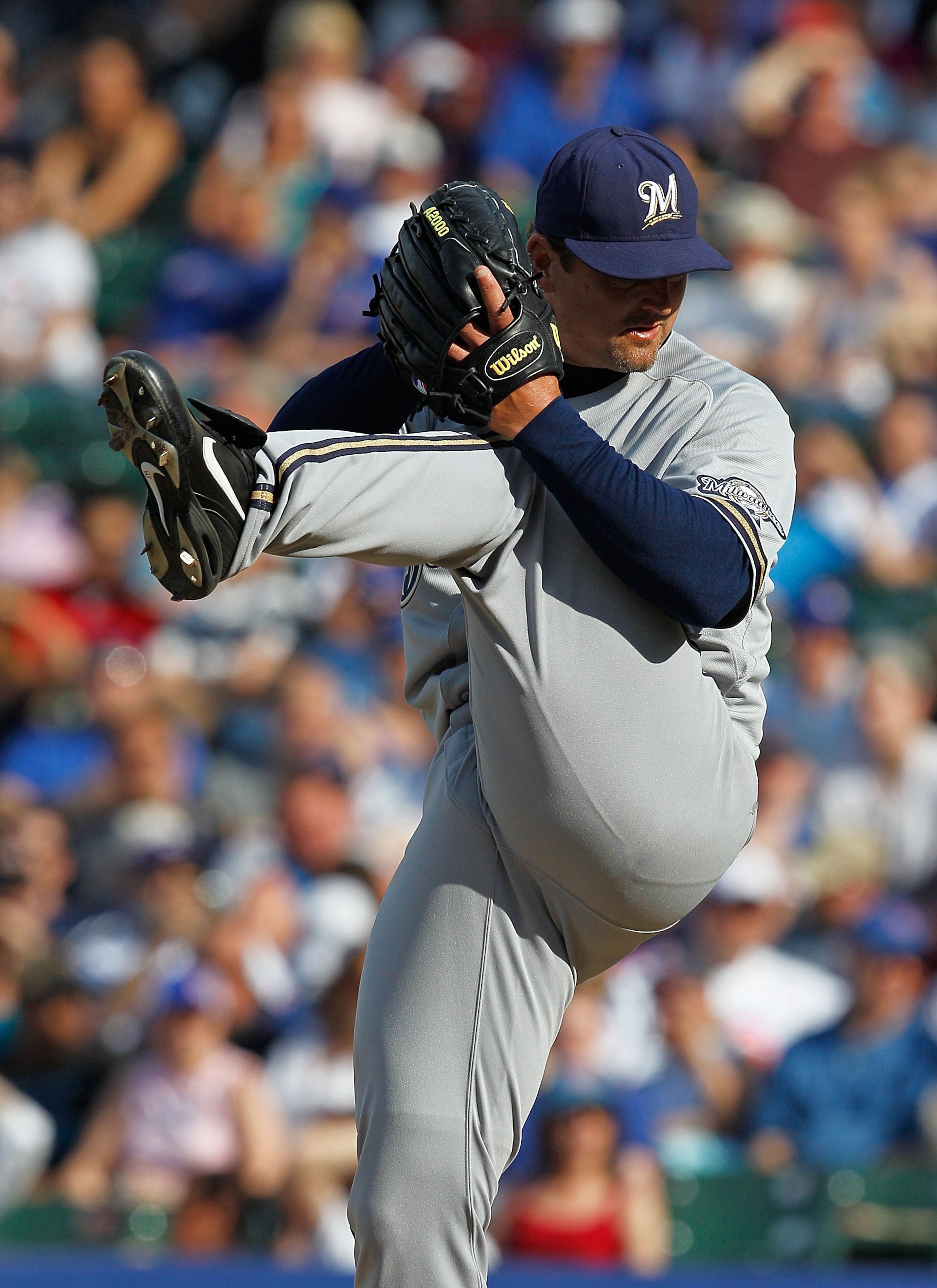 CHICAGO - APRIL 15: Trevor Hoffman of the Milwaukee Brewers, wearing a number 42 jersey in honor of Jackie Robinson, delivers the ball as he finishes off the Chicago Cubs in the bottom of the 9th inning at Wrigley Field on April 15, 2010 in Chicago, Illin