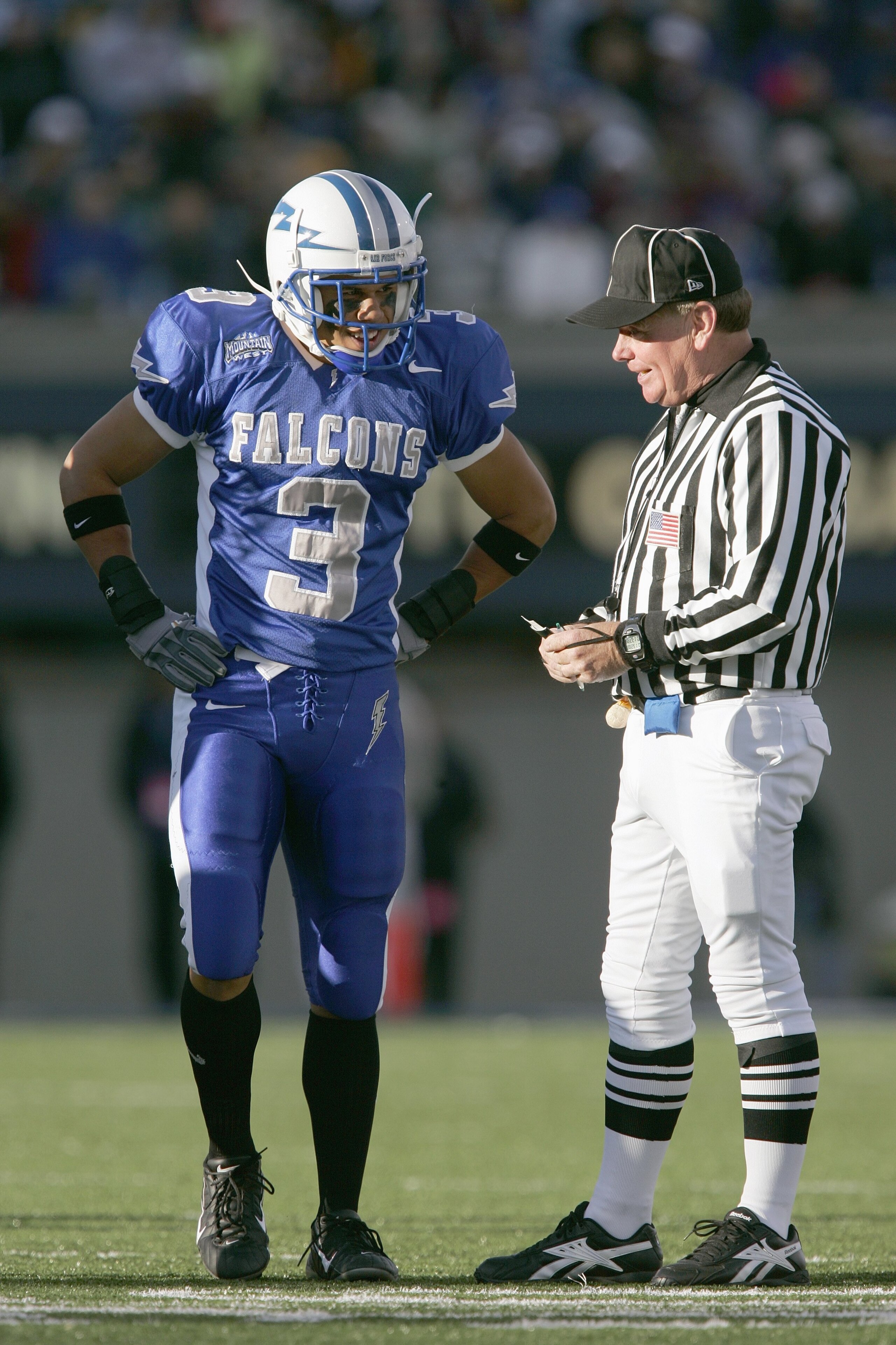 AIR FORCE ACADEMY, CO - NOVEMBER 11:  Nathan Smith #3 of the Air Force Falcons listens to the referee during the game against the Notre Dame Fighting Irish on November 11, 2006 at Falcon Stadium on the Air Force Academy near Colorado Springs, Colorado.  (