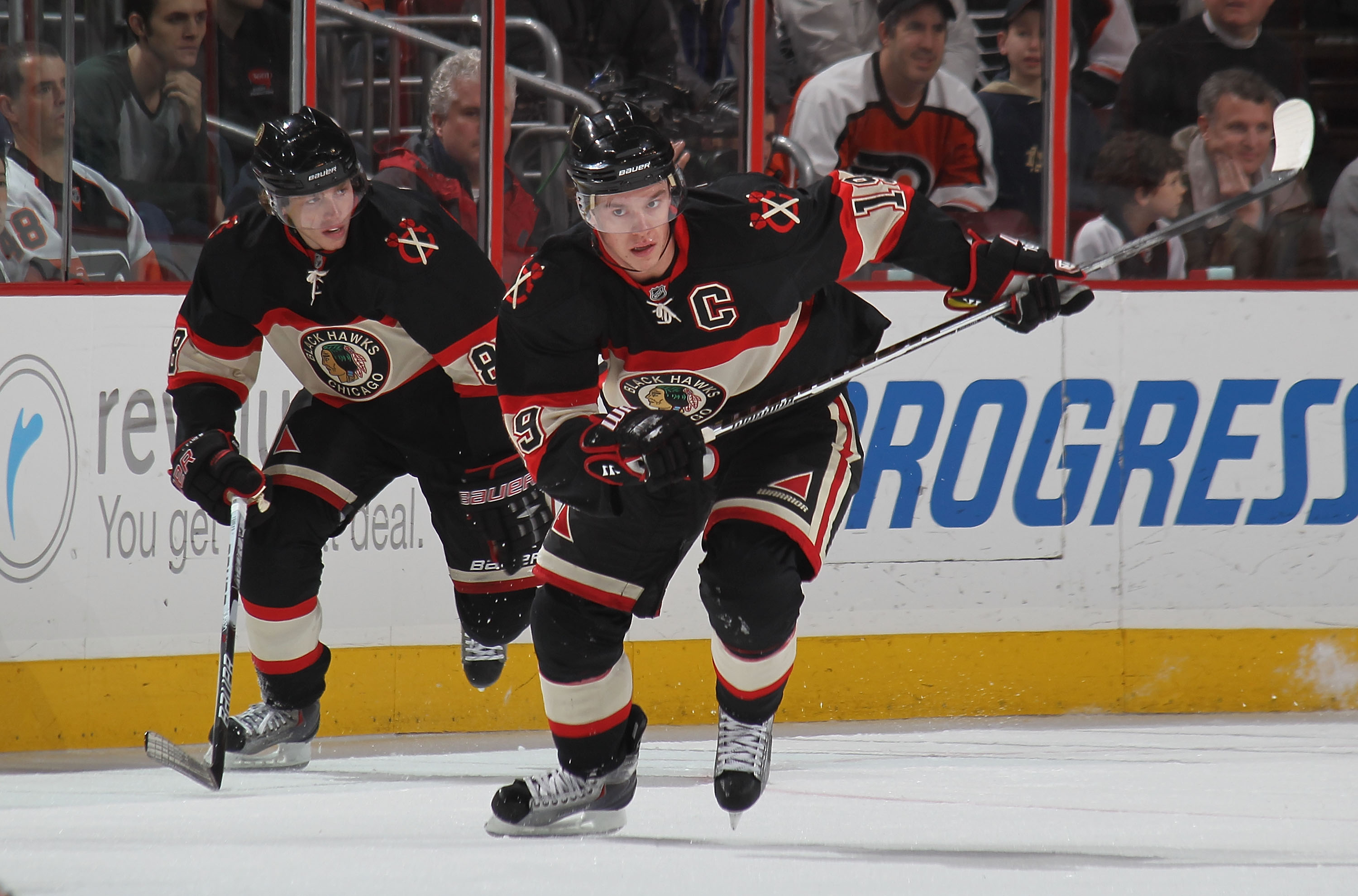 PHILADELPHIA - MARCH 13: (L-R) Patrick Kane #88 and Jonathan Toews #19 of the Chicago Blackhawks skate against the Philadelphia Flyers at the Wachovia Center on March 13, 2010 in Philadelphia, Pennsylvania.  (Photo by Bruce Bennett/Getty Images)