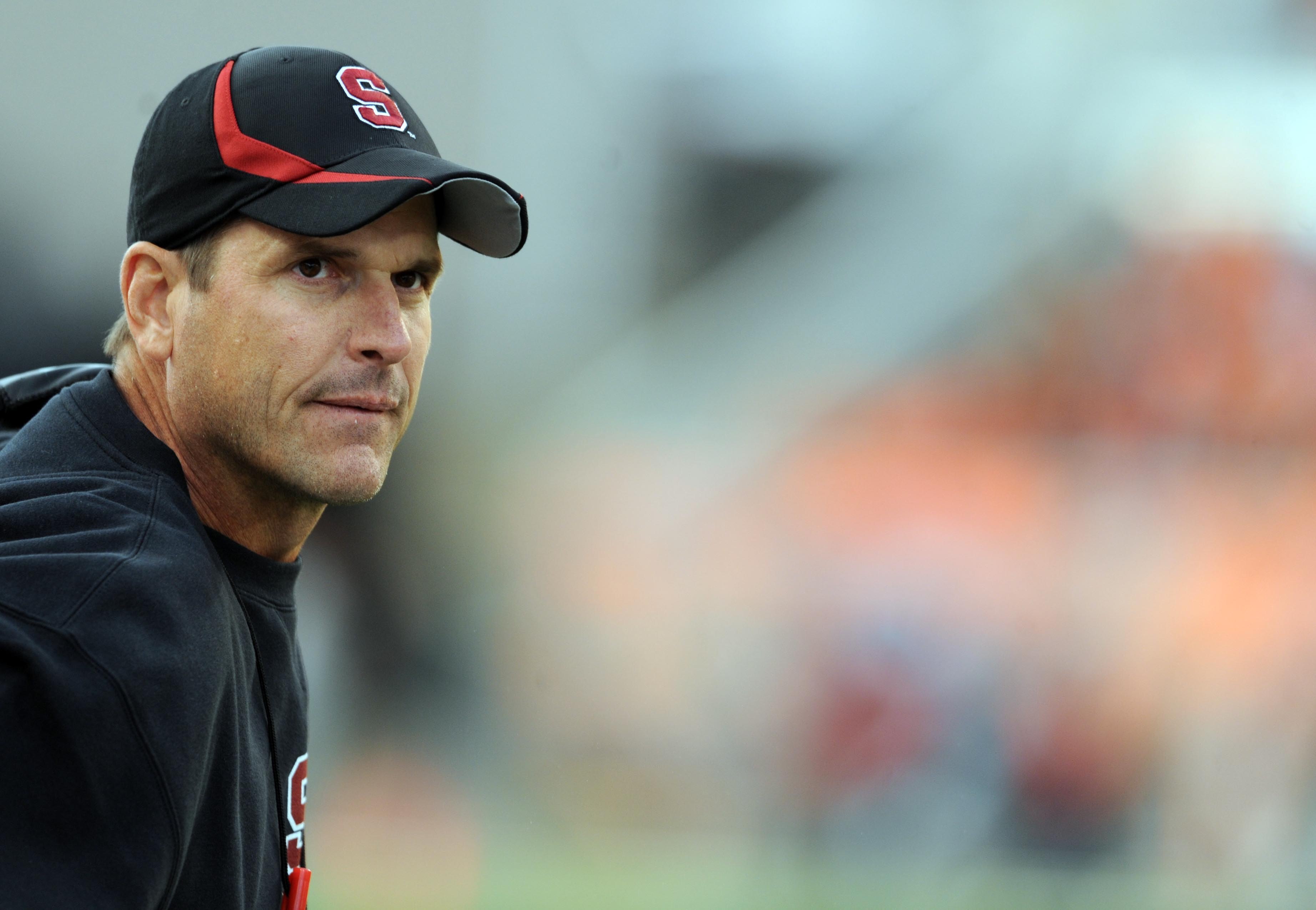 CORVALLIS, OR - OCTOBER 10: Head coach Jim Harbaugh of the Stanford Cardinals looks out at the action on the field in the third quarter of the game against the Oregon State Beavers at Reser Stadium on October 10, 2009 in Corvallis, Oregon. (Photo by Steve