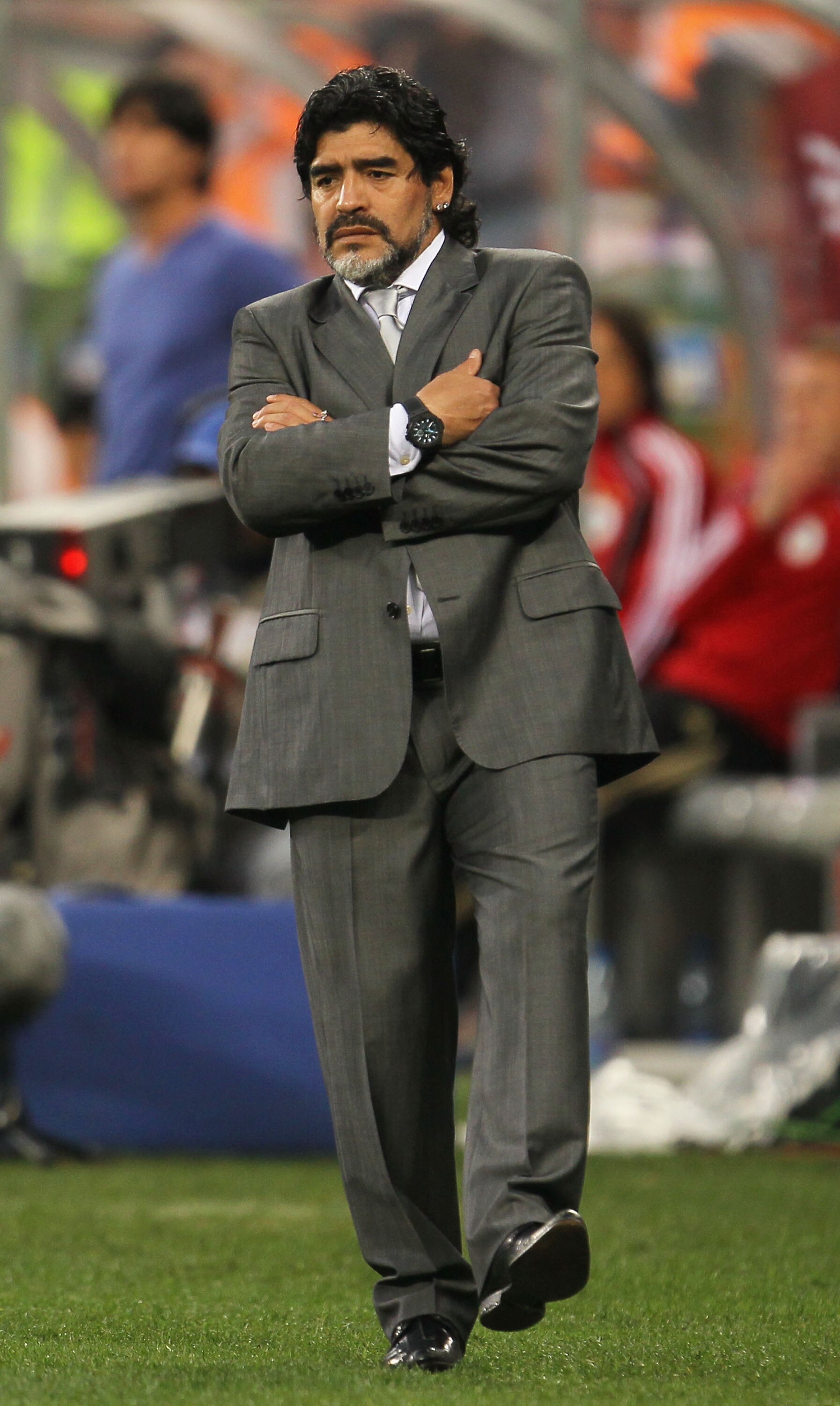 CAPE TOWN, SOUTH AFRICA - JULY 03:  Diego Maradona head coach of Argentina looks on dejected during the 2010 FIFA World Cup South Africa Quarter Final match between Argentina and Germany at Green Point Stadium on July 3, 2010 in Cape Town, South Africa.