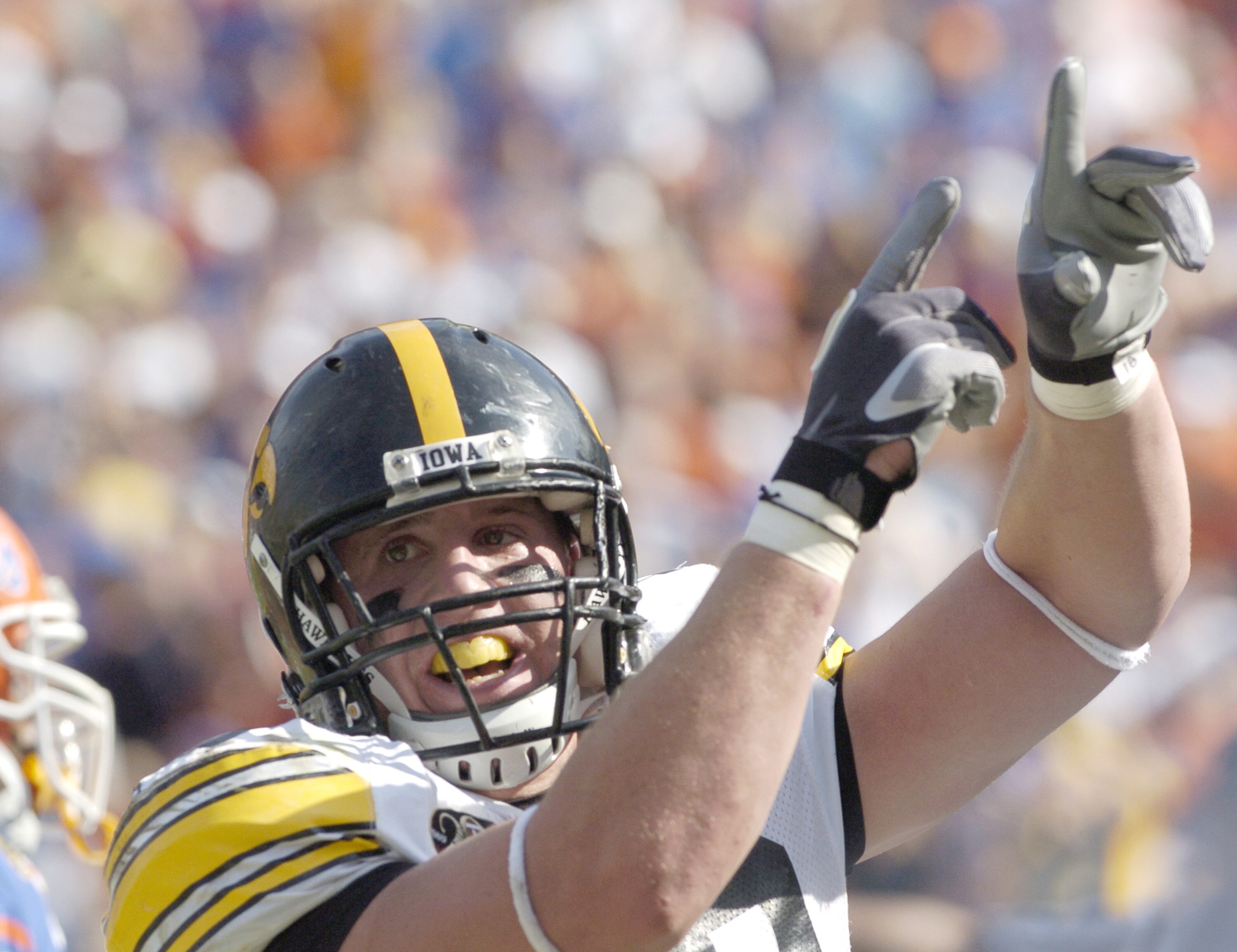 Iowa linebacker Chad Greenway celebrates a defensive stop against Florida in the 2006 Outback Bowl January 2 in Tampa.  Florida defeated Iowa 31 - 24. (Photo by A. Messerschmidt/Getty Images) *** Local Caption ***