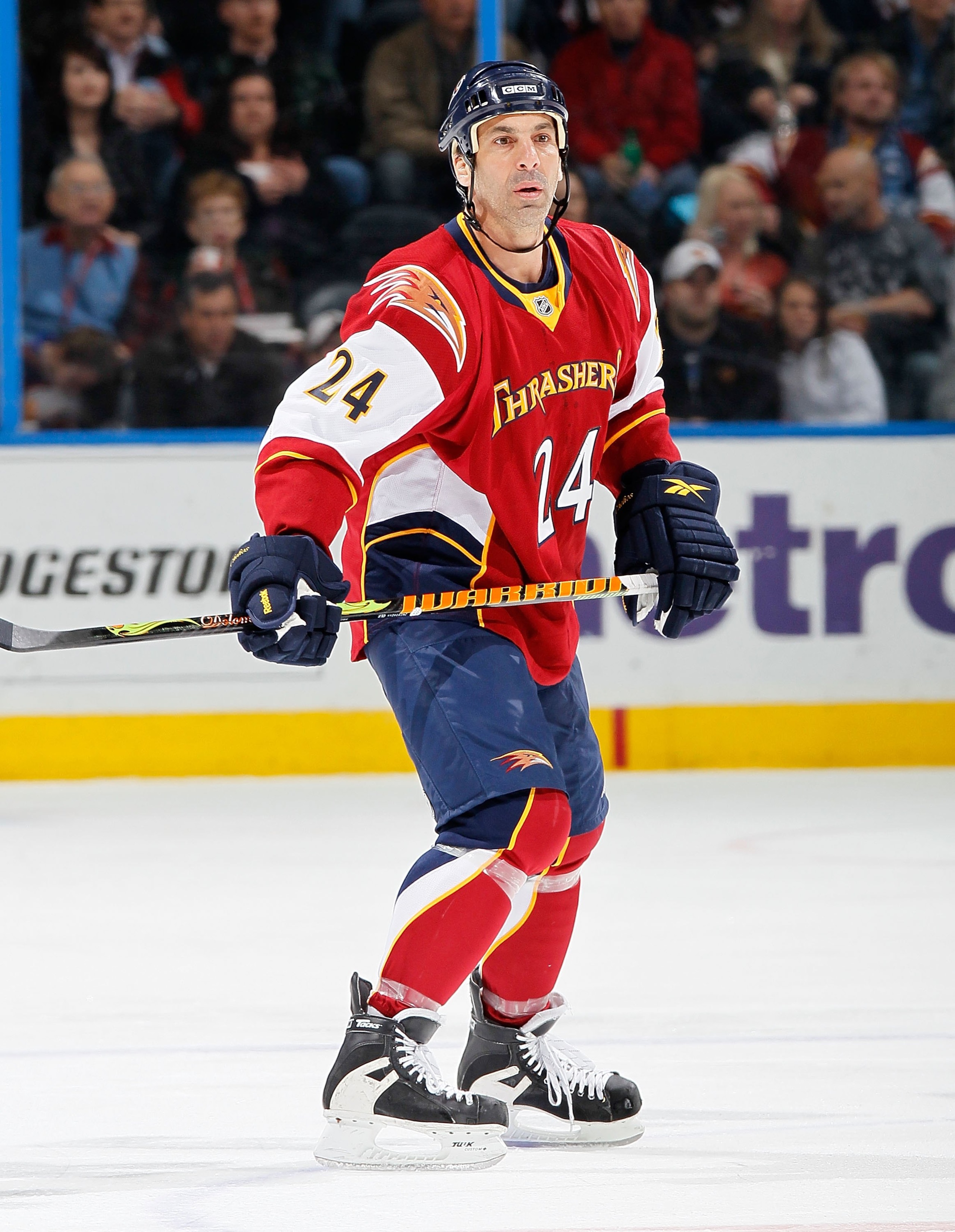 ATLANTA - MARCH 25:  Chris Chelios #24 of the Atlanta Thrashers against the Toronto Maple Leafs at Philips Arena on March 25, 2010 in Atlanta, Georgia.  (Photo by Kevin C. Cox/Getty Images)