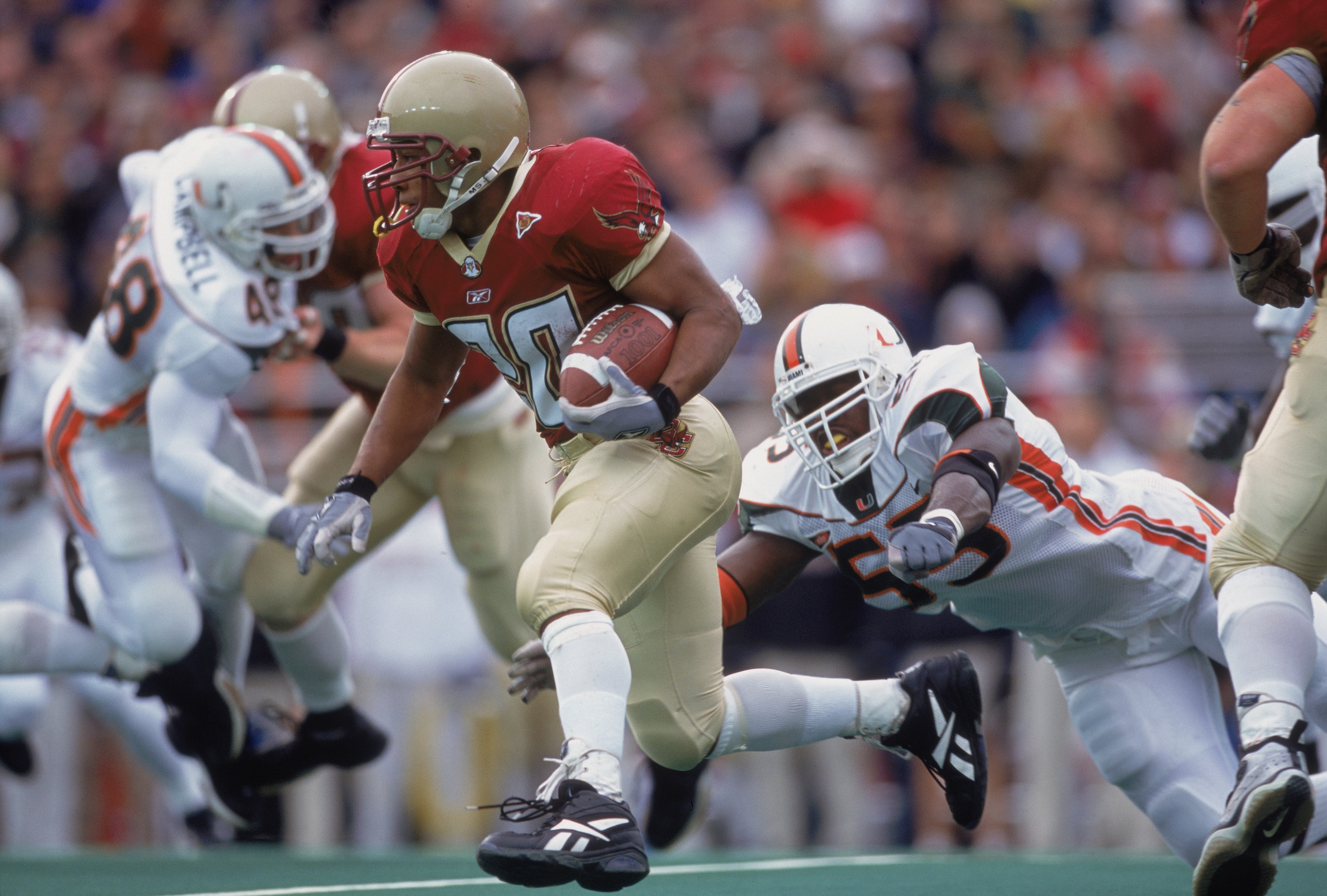 10 Nov 2001:  Running Back Derrick Knight #20 of the Boston College Eagles running with the ball during the game against the Miami (FL) Hurricanes at the Alumni Stadium in Boston, Massachusettes. The Hurricanes defeated the Eagles 18-7.Mandatory Credit: J