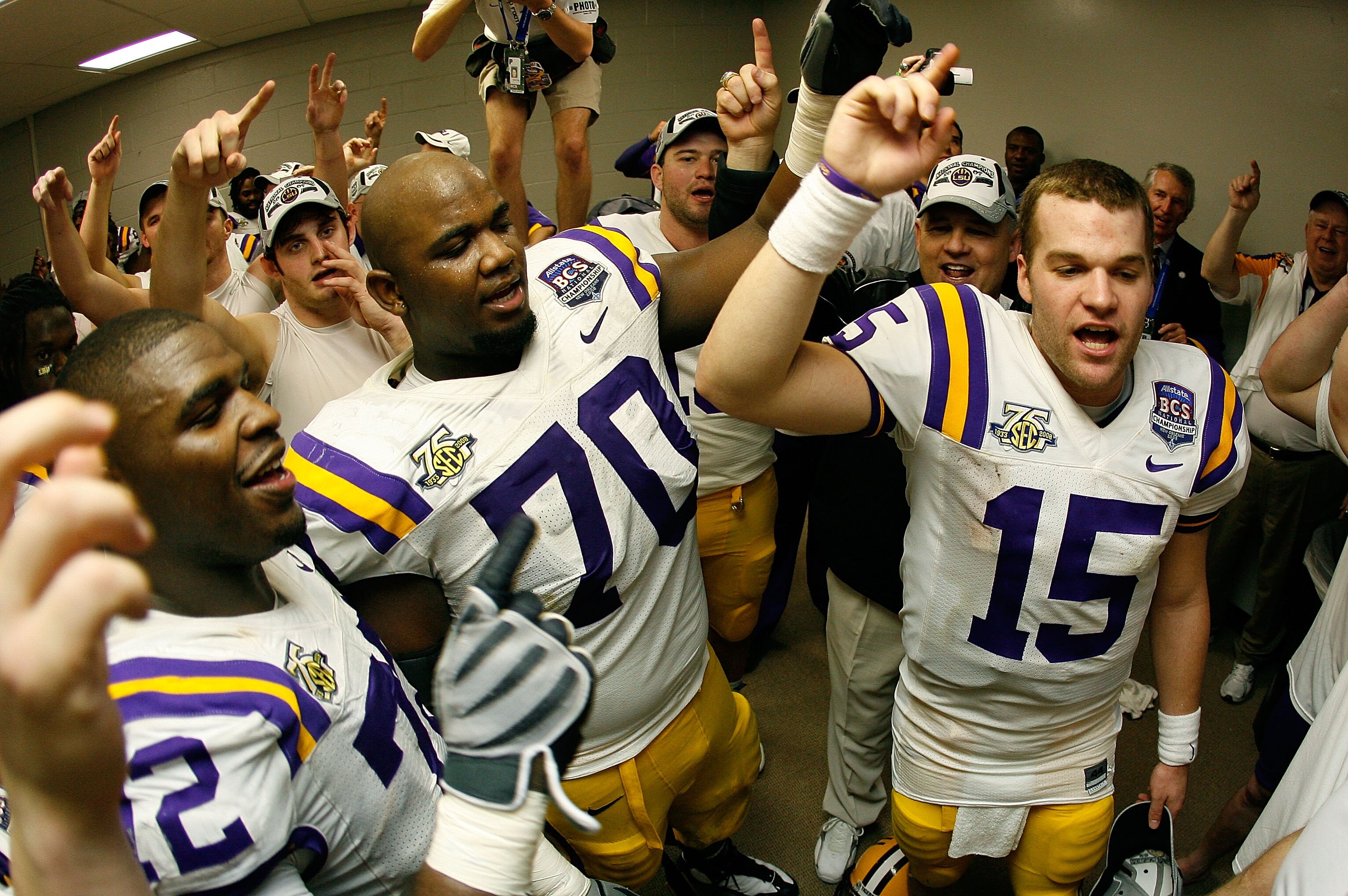 NEW ORLEANS - JANUARY 07:  Quarterback Matt Flynn #15 of the Louisiana State University Tigers celebrates after defeating the Ohio State Buckeyes 38-24 in the AllState BCS National Championship on January 7, 2008 at the Louisiana Superdome in New Orleans,