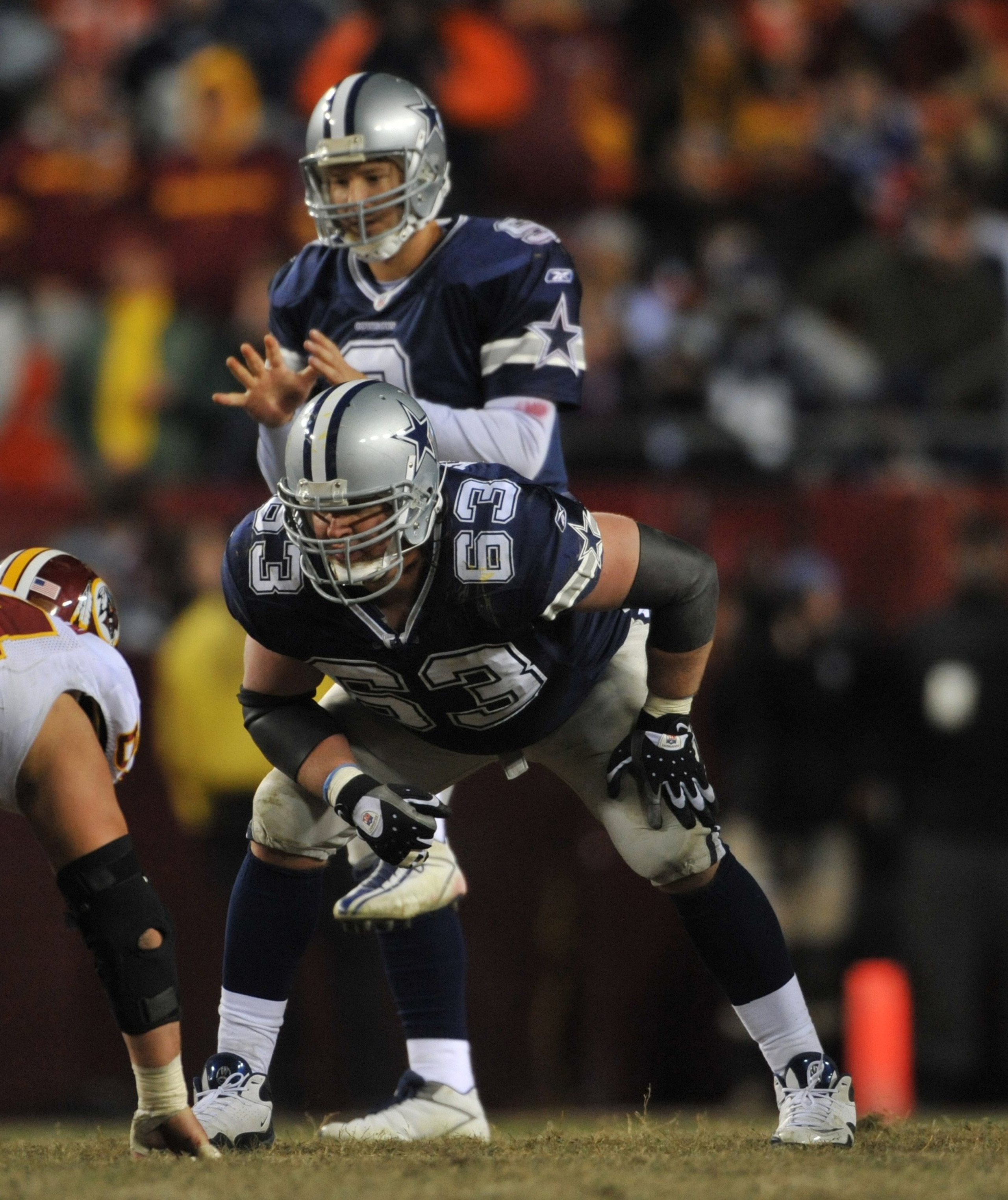 LANDOVER, MD - DECEMBER 27:  Kyle Kosier #63 of the Dallas Cowboys defends against the Washington Redskins at FedExField on December 27, 2009 in Landover, Maryland. The Cowboys defeated the Redskins 17-0. (Photo by Larry French/Getty Images)