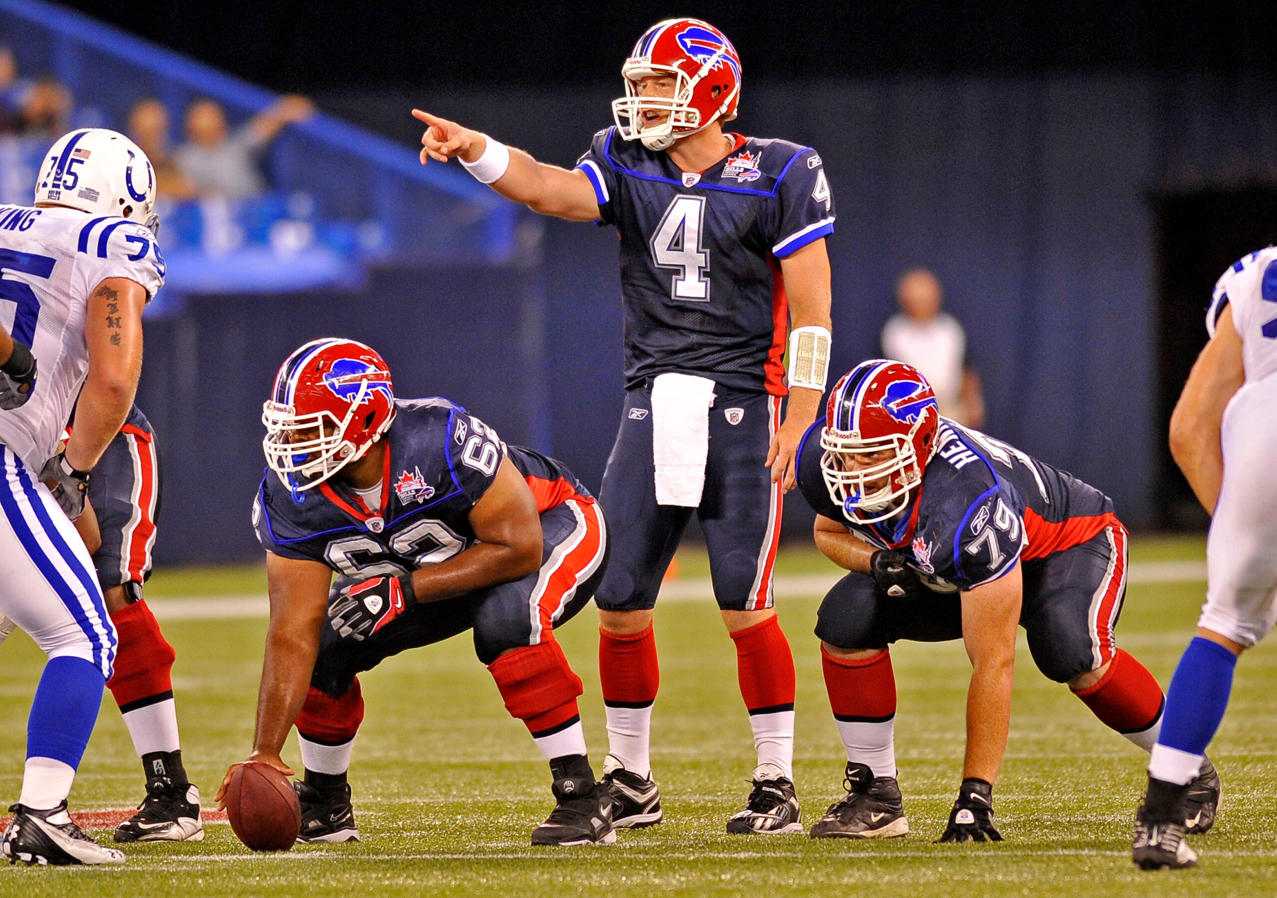 TORONTO - AUGUST 19:  Sean Allen #62, Brian Brohm #4 and Nick Henessey #79 of the Buffalo Bills ready for game action against the Indianapolis Colts August 19, 2010 at the Rogers Centre in Toronto, Ontario, Canada. (Photo by Brad White/Getty Images)