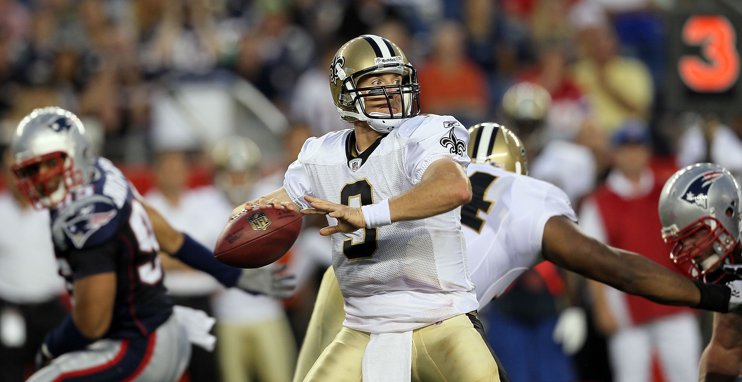 FOXBORO, MA - AUGUST 12: Drew Brees # 9 of the New Orleans Saints looks to pass in the first quarter during the preseason game against the New England Patriots at Gillette Stadium on August 12, 2010 in Foxboro, Massachusetts. (Photo by Jim Rogash/Getty Im