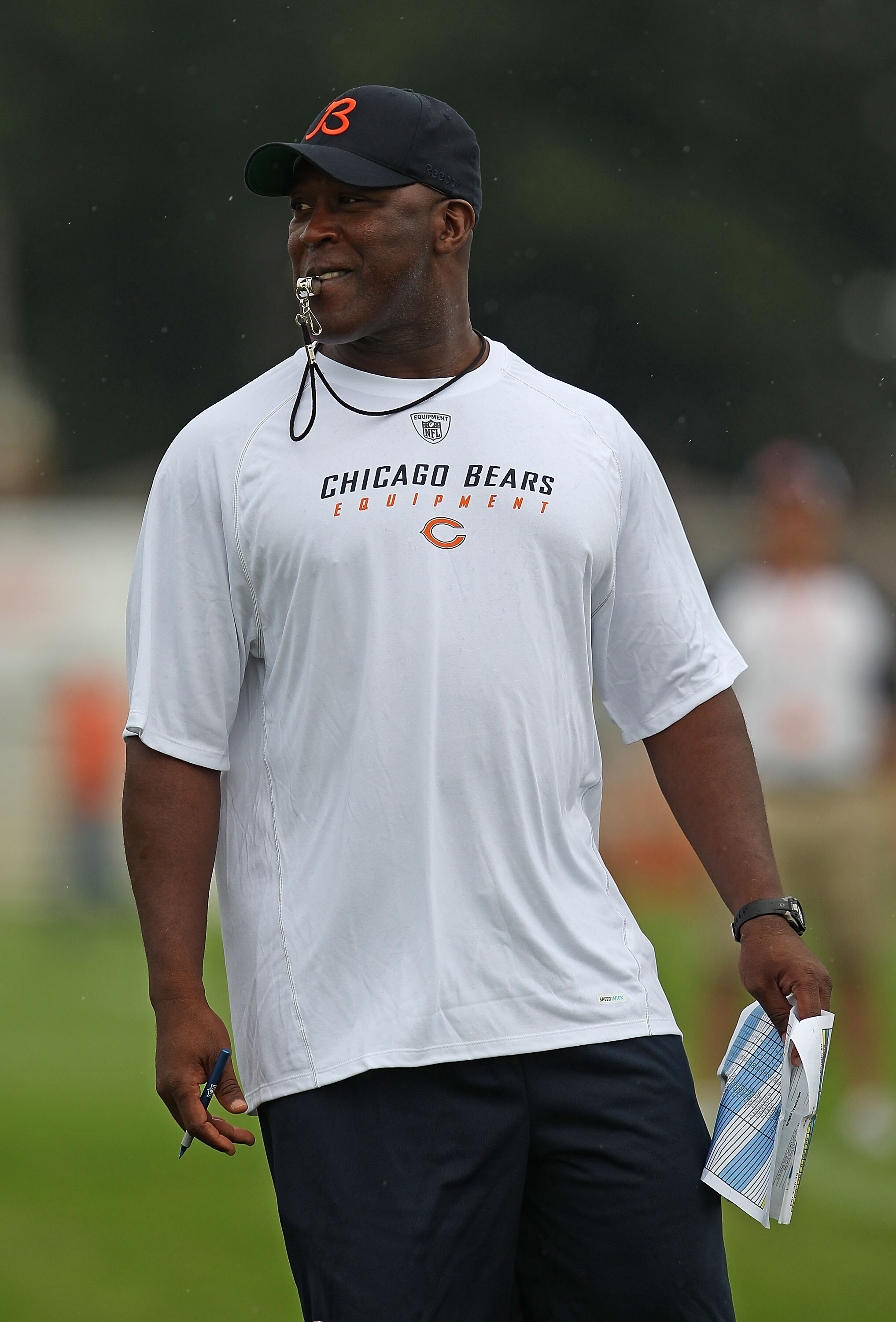 BOURBONNAIS, IL - JULY 30: Head coach Lovie Smith of the Chicago Bears blows his whistle during a summer training camp practice at Olivet Nazarene University on July 30, 2010 in Bourbonnais, Illinois.  (Photo by Jonathan Daniel/Getty Images)