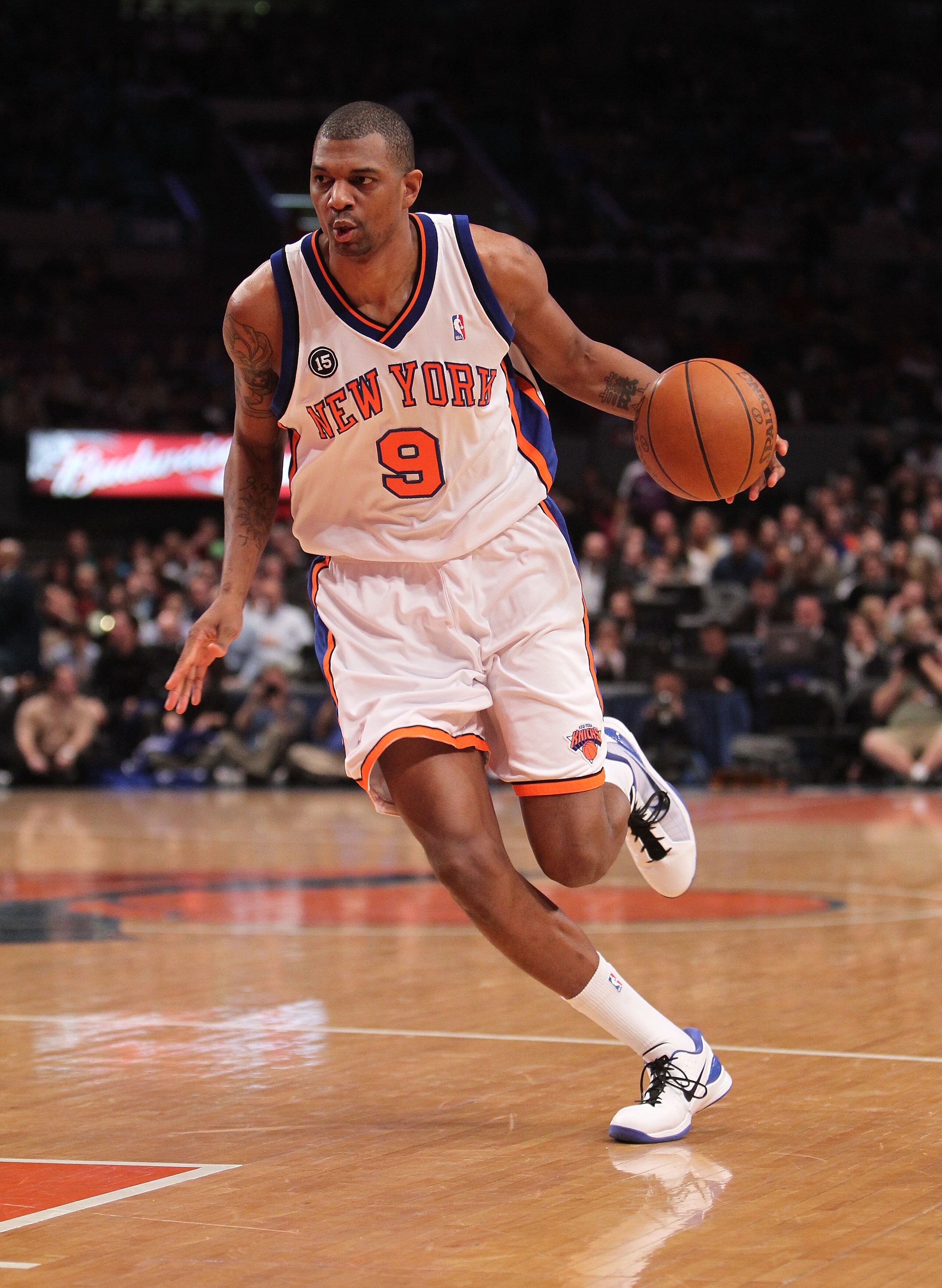 NEW YORK - MARCH 19:  Jonathan Bender #9 of the New York Knicks dribbles the ball against the Philadelphia 76ers at Madison Square Garden on March 19, 2010 in New York City. NOTE TO USER: User expressly acknowledges and agrees that, by downloading and or 