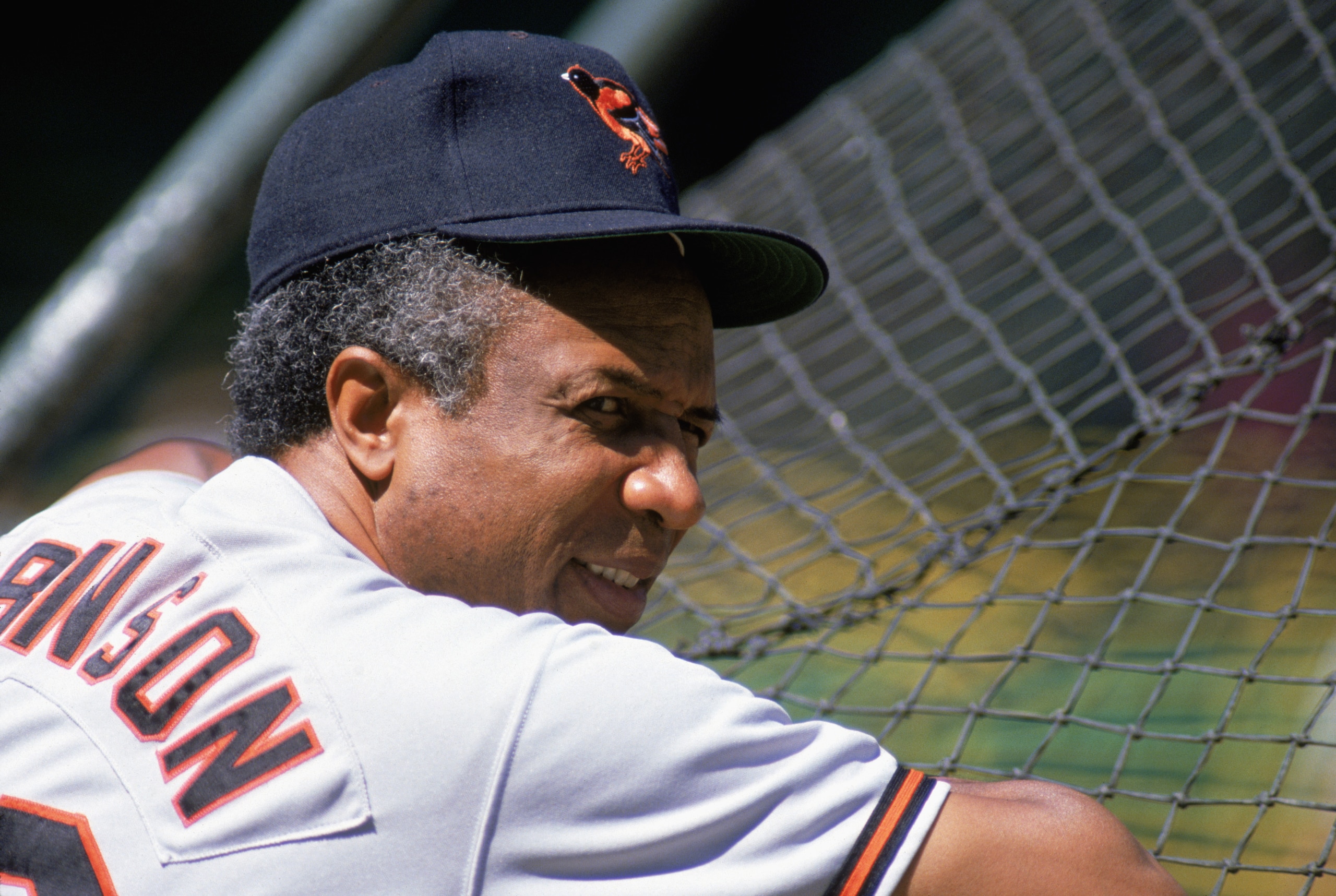 1989: Manager Frank Robinson (the first black manager of MLB) of the Baltimore Orioles looks on during batting practice in the 1989 season. (Photo by: Jonathan Daniel/Getty Images) 1989: Manager Frank Robinson (the first black manager of MLB) of the Baltimore Orioles looks on during batting practice in the 1989 season. (Photo by: Jonathan Daniel/Getty Images)