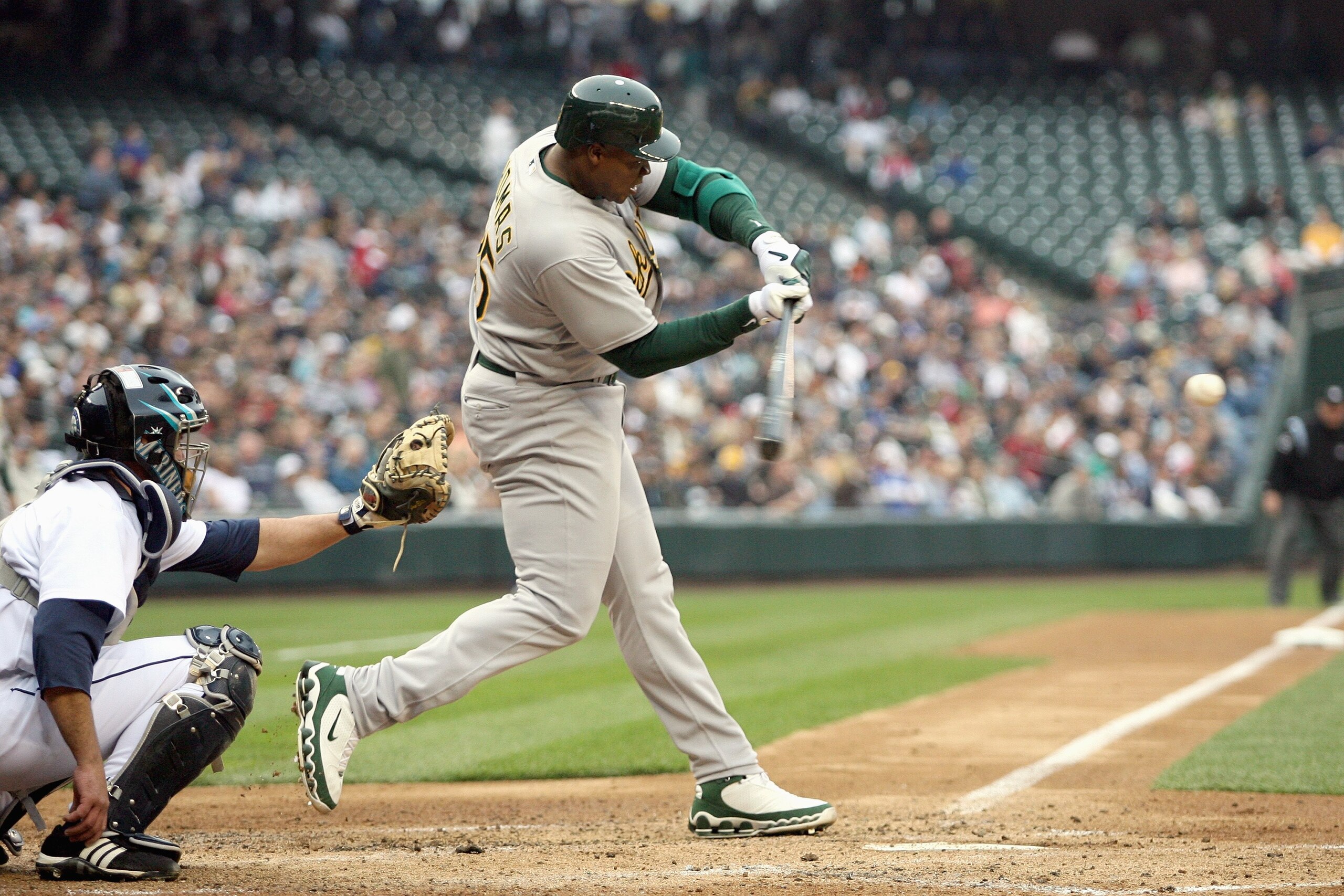 SEATTLE - APRIL 26: Frank Thomas #35 of the Oakland Athletics swings at a pitch during the MLB game against the Seattle Mariners on April 26, 2008 at Safeco Field in Seattle, Washington. The Mariners defeated the Athletics 5-3. (Photo by Otto Greule Jr/Ge SEATTLE - APRIL 26: Frank Thomas #35 of the Oakland Athletics swings at a pitch during the MLB game against the Seattle Mariners on April 26, 2008 at Safeco Field in Seattle, Washington. The Mariners defeated the Athletics 5-3. (Photo by Otto Greule Jr/Ge