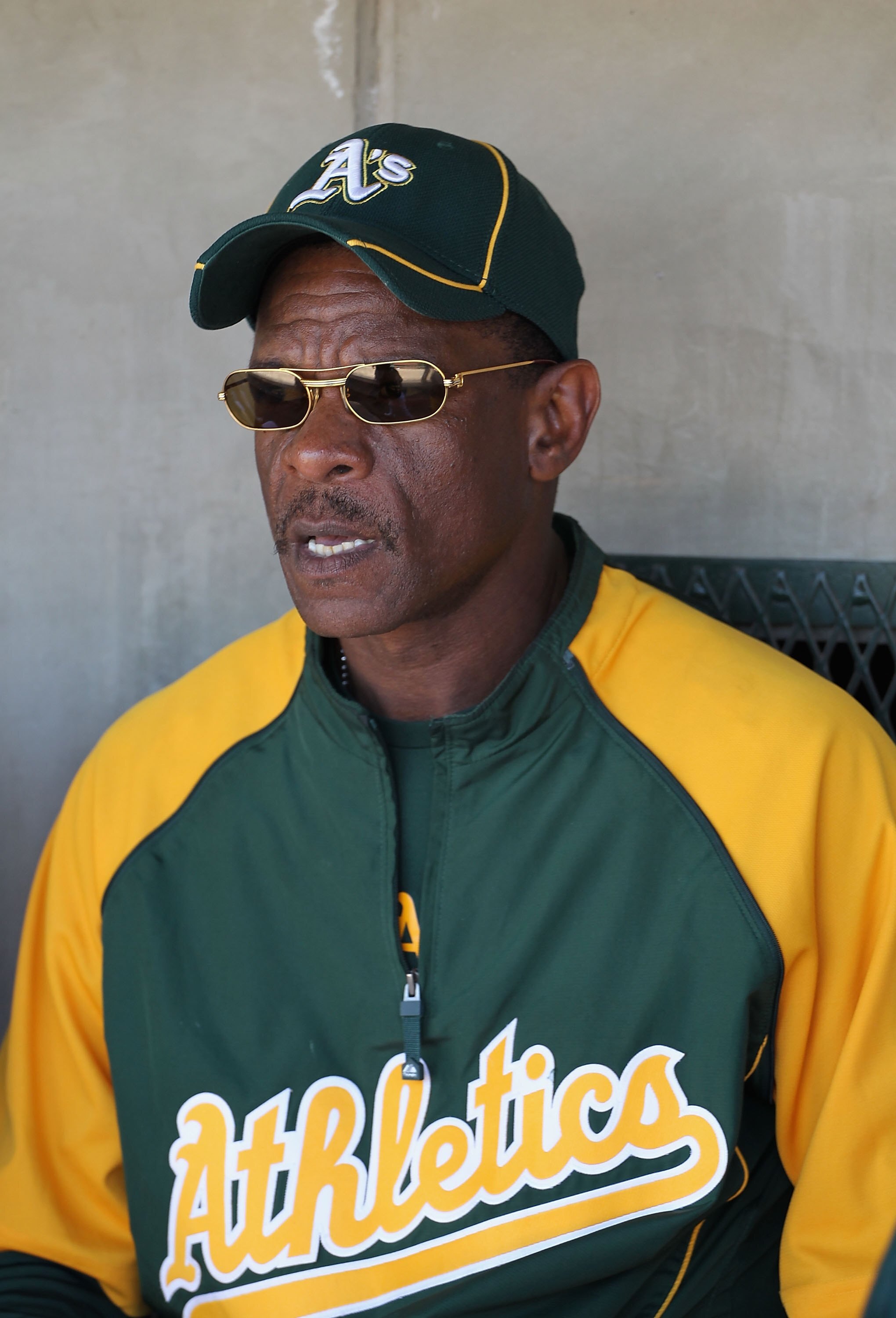PHOENIX - MARCH 17:  Special instructor Rickey Henderson of the Oakland Athletics during the MLB spring training game against the San Francisco Giants at Phoenix Municipal Stadium on March 17, 2010 in Phoenix, Arizona. The Giants defeated the A's 6-1.  (P