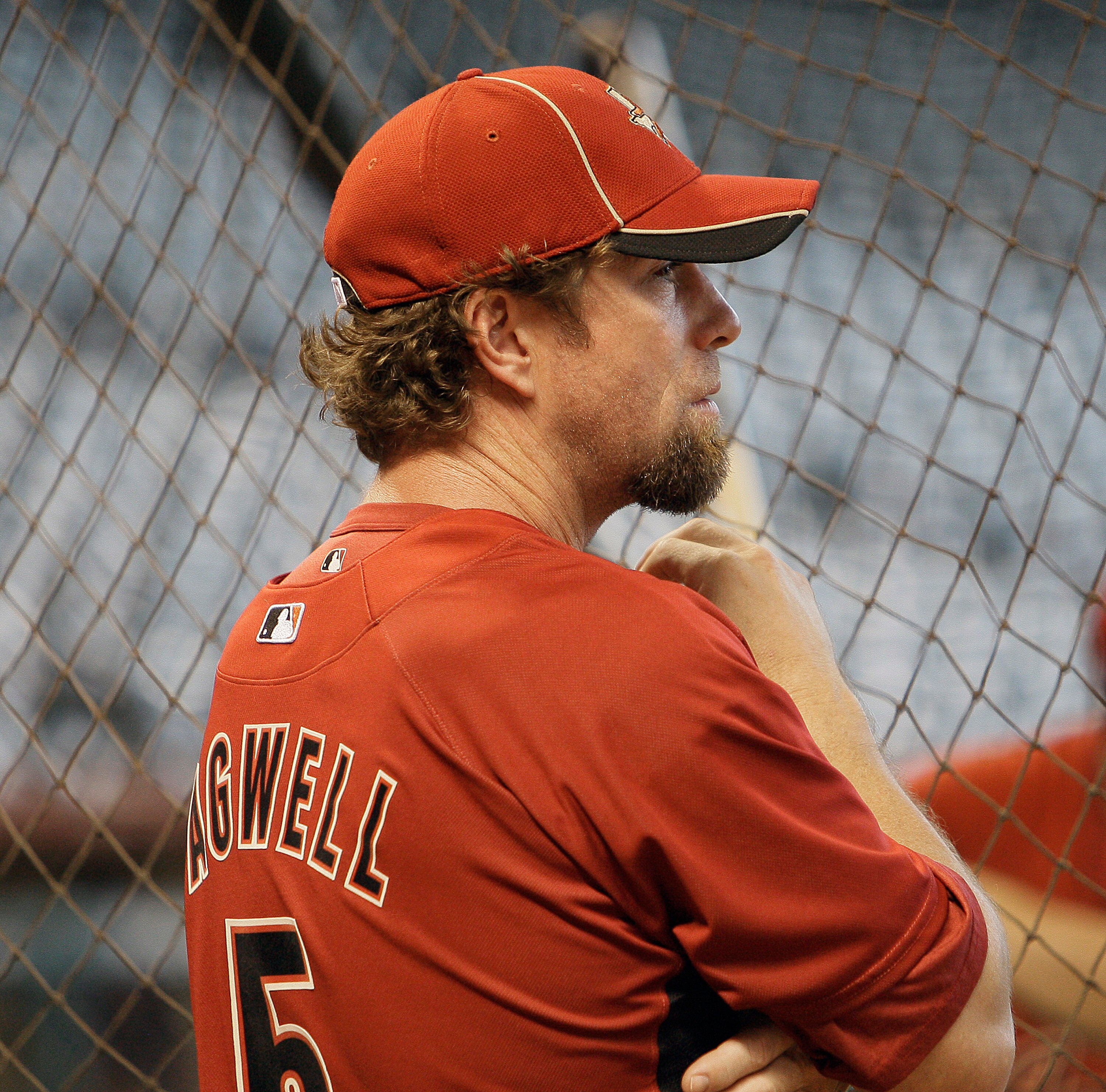 HOUSTON - JULY 23:  Houston Astros hitting coach Jeff Bagwell looks on during batting practice before a game against the Cincinnati Reds at Minute Maid Park on July 23, 2010 in Houston, Texas.  (Photo by Bob Levey/Getty Images)