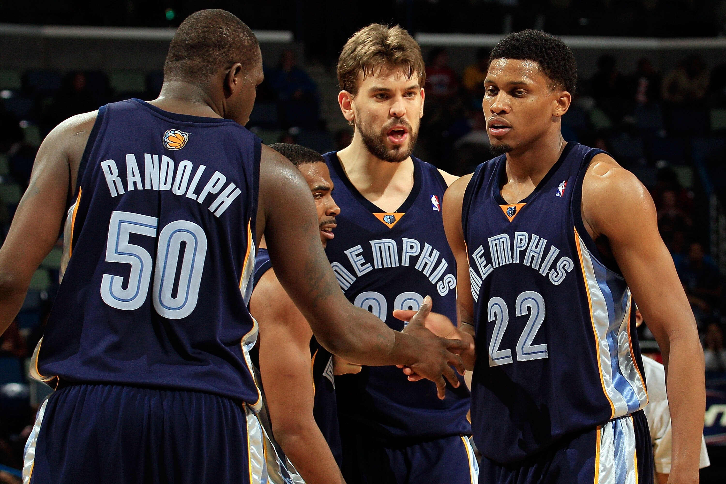 NEW ORLEANS - MARCH 03:  Zach Randolph #50, Mike Conley #11, Marc Gasol #33 congratulate Rudy Gay #22 of the Memphis Grizzlies after picking up a loose ball against the New Orleans Hornets at the New Orleans Arena on March 3, 2010 in New Orleans, Louisian