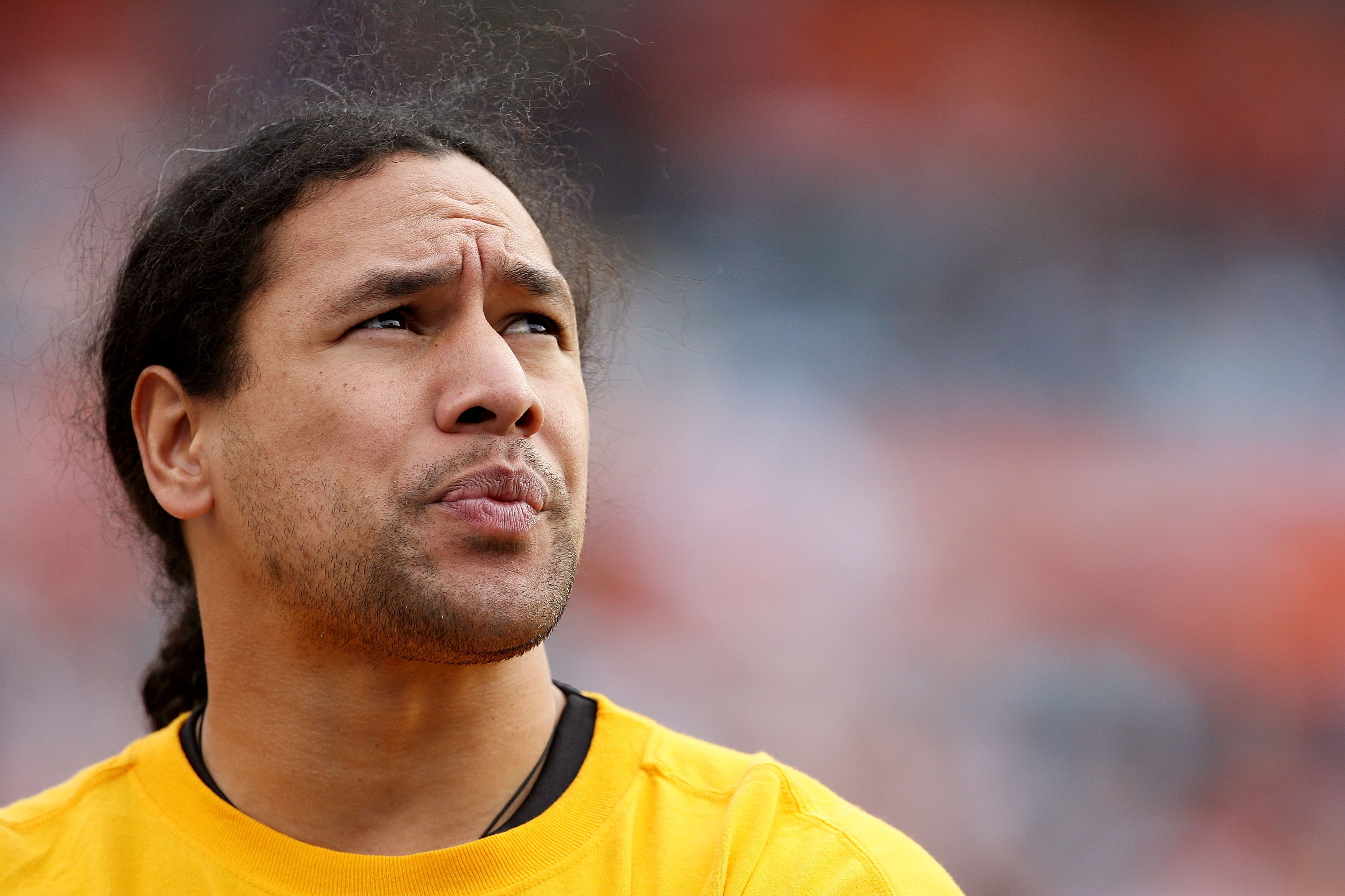 MIAMI - JANUARY 03: Injured safety Troy Polamalu #43 of the Pittsburgh Steelers watches from the sidelines as his team takes on the Miami Dolphins at Land Shark Stadium on January 3, 2010 in Miami, Florida. The Steelers defeated the Dolphins 30-24.  (Phot