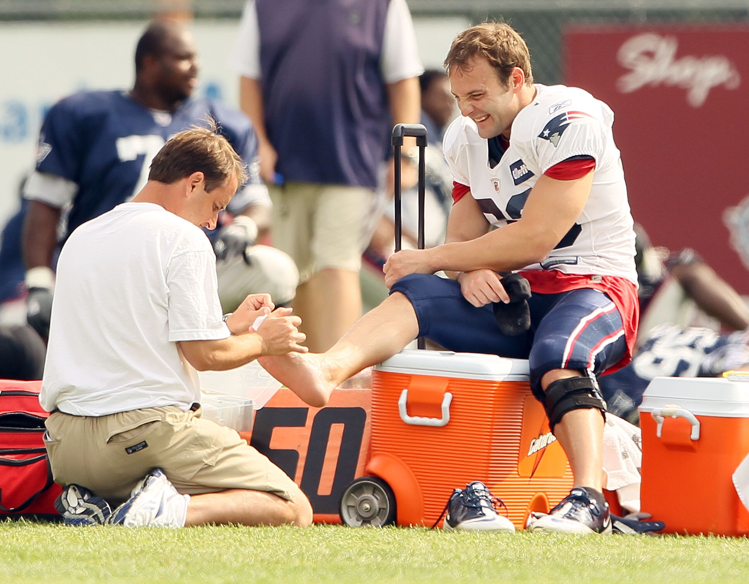 FOXBORO, MA - AUGUST 02:  Wes Welker #83 of the New England Patriots is taped before training camp on August 2, 2010 at Gillette Stadium in Foxboro, Massachusetts.  (Photo by Elsa/Getty Images)