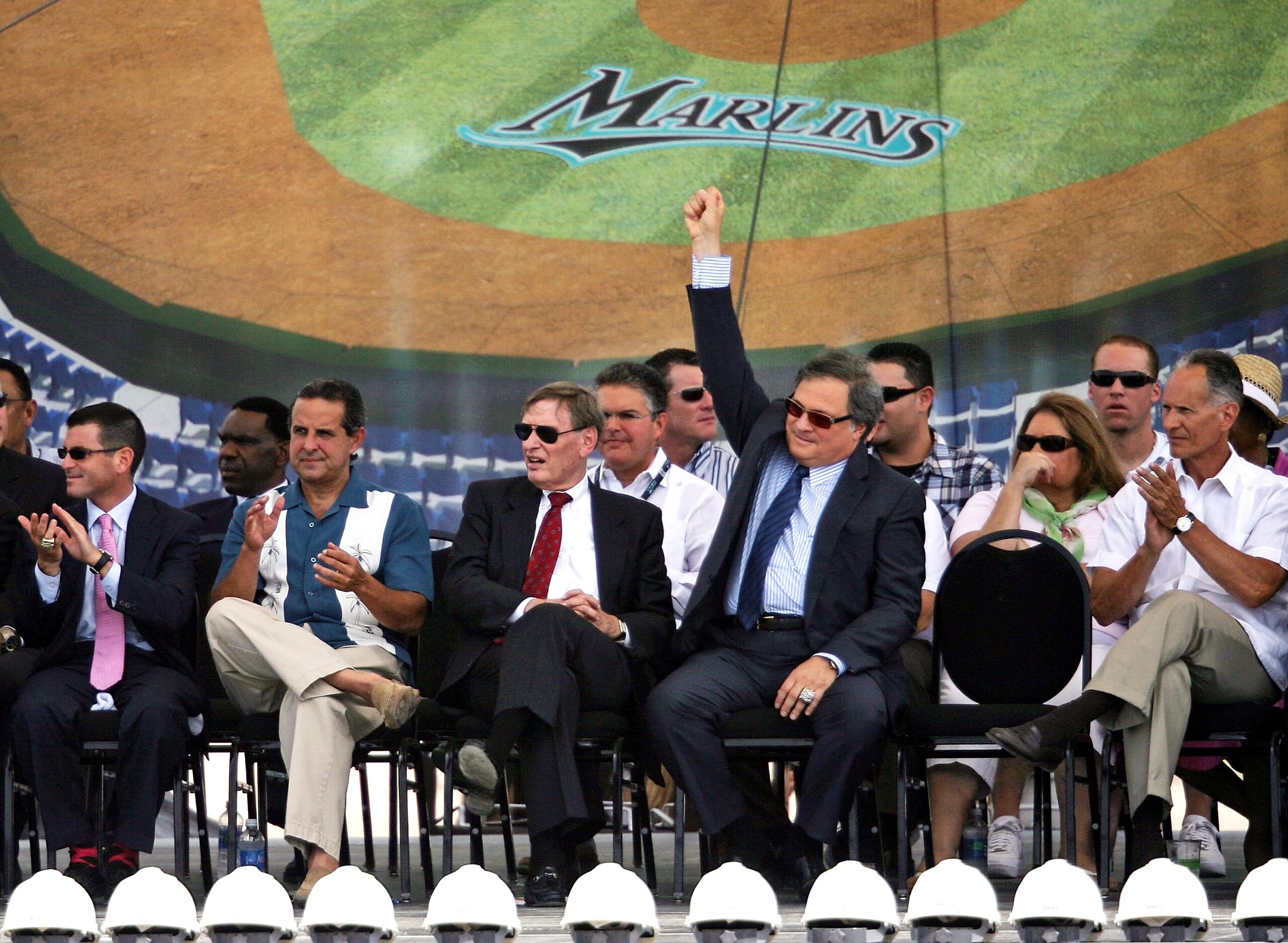 MIAMI - JULY 18:  (L-R) Florida Marlins team President David Sampson, City of Miami Mayor Manny Diaz, MLB Commisioner Bud Selig, Florida Marlins owner Jeffrey Loria and Miami-Dade County Mayor Carlos Alvarez attend the groundbreaking ceremony for the Flor