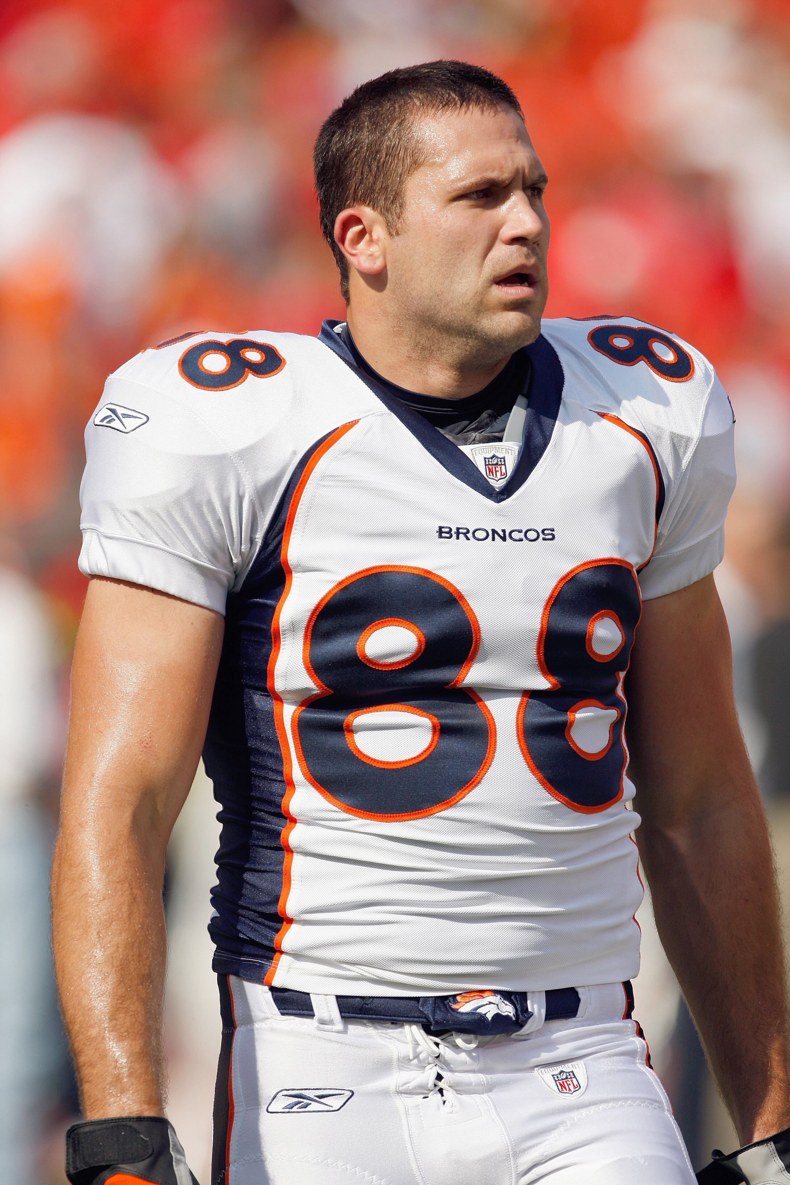 KANSAS CITY - SEPTEMBER 28:  Tony Scheffler #88of the Denver Broncos stands on the field before the game against the Kansas City Chiefs on September 28, 2008 at Arrowhead Stadium in Kansas City, Missouri. The Chiefs defeated the Broncos 33-19.  (Photo by: