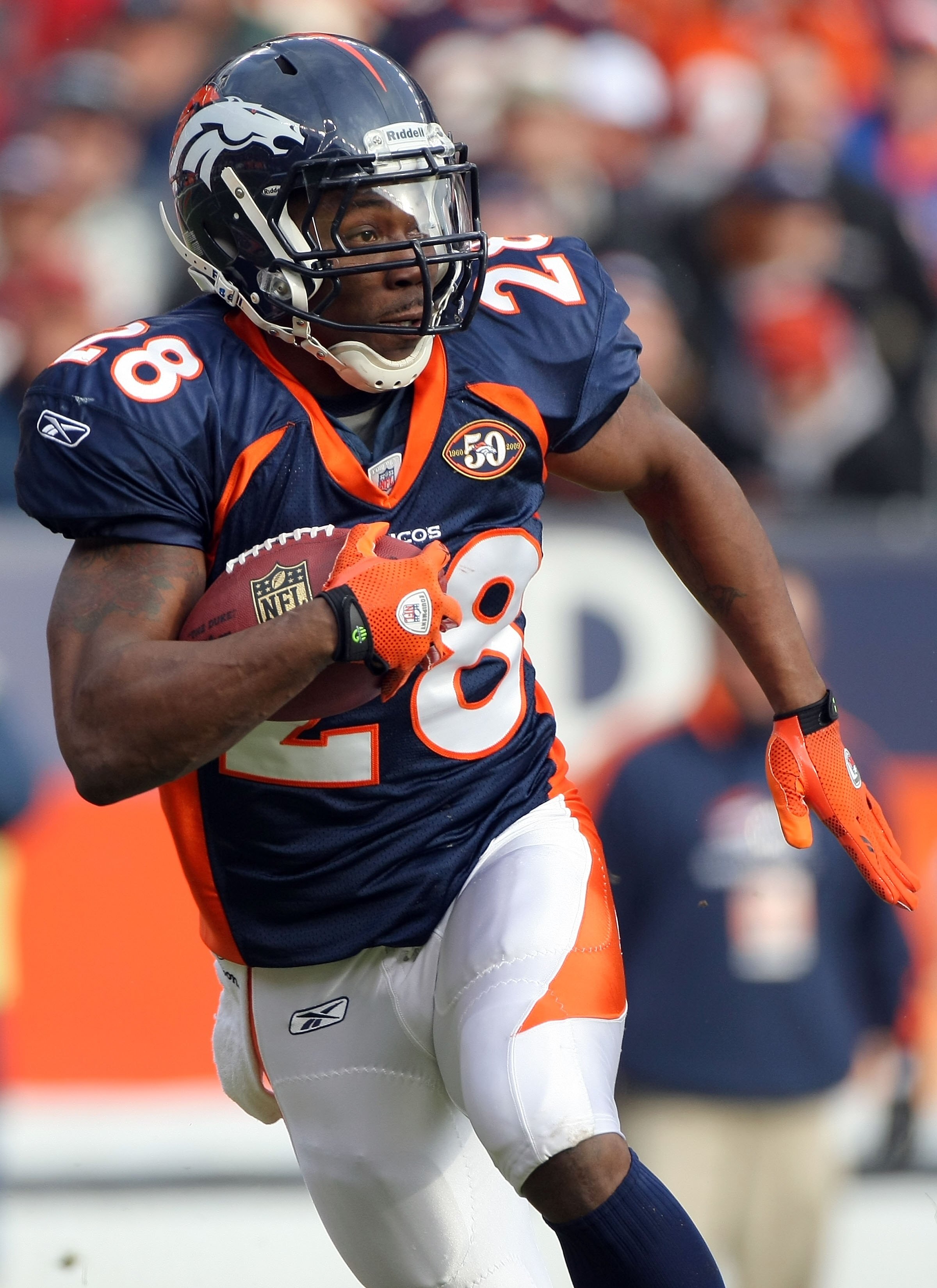 DENVER - JANUARY 03:  Correll Buckhalter #28 of the Denver Broncos returns a kick off against the Kansas City Chiefs during NFL action at Invesco Field at Mile High on January 3, 2010 in Denver, Colorado. The Chiefs defeated the Broncos 44-24.  (Photo by 