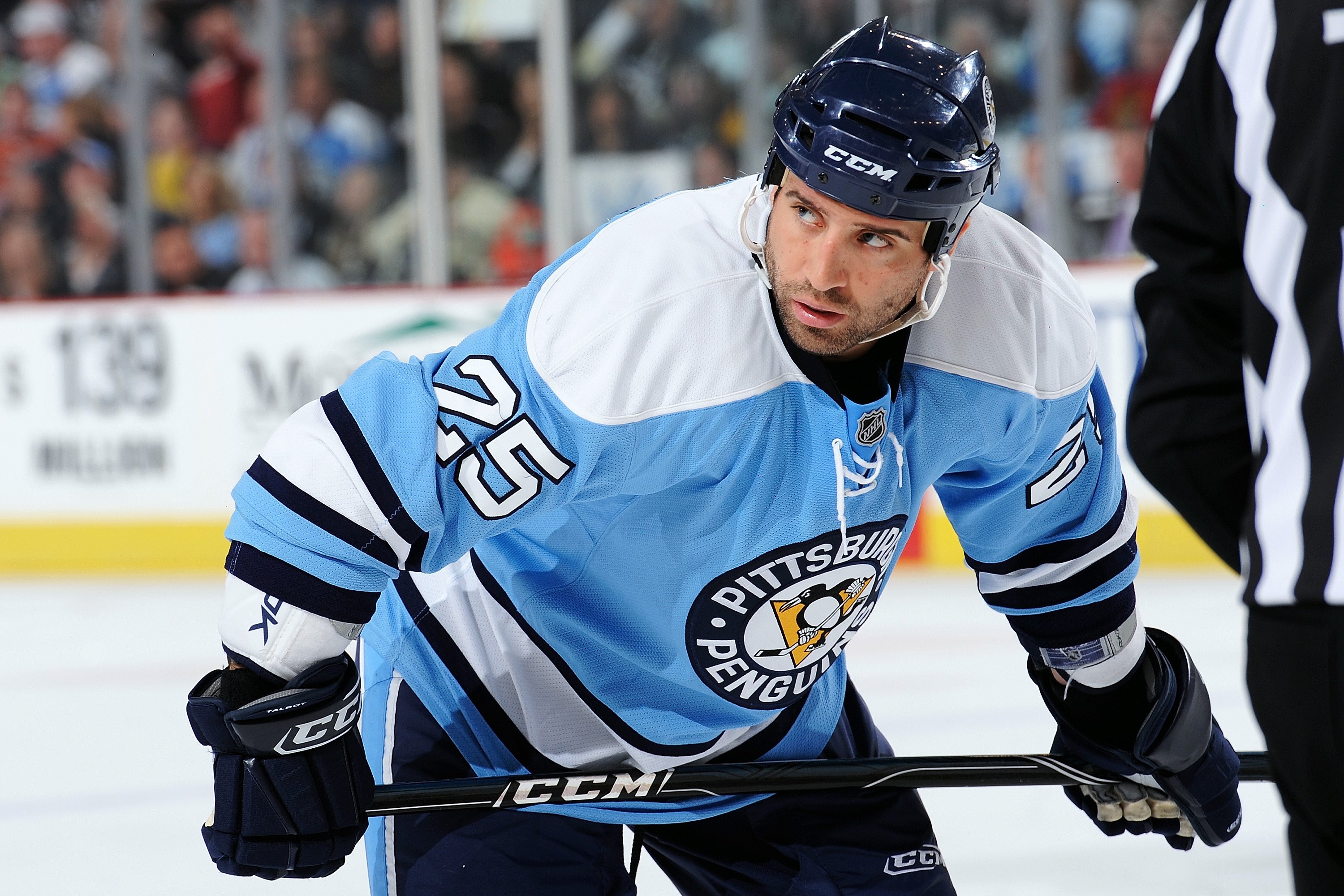PITTSBURGH - MARCH 6:  Forward Maxime Talbot #25 of the Pittsburgh Penguins waits for a face off against the Dallas Stars on March 6, 2010 at Mellon Arena in Pittsburgh, Pennsylvania.  (Photo by Jamie Sabau/Getty Images)