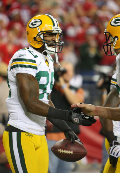 GLENDALE, AZ - JANUARY 10:  James Jones #89 of the Green Bay Packers celebrates a touchdown against the Arizona Cardinals during the fourth quarter of the 2010 NFC wild-card playoff game at University of Phoenix Stadium on January 10, 2010 in Glendale, Ar