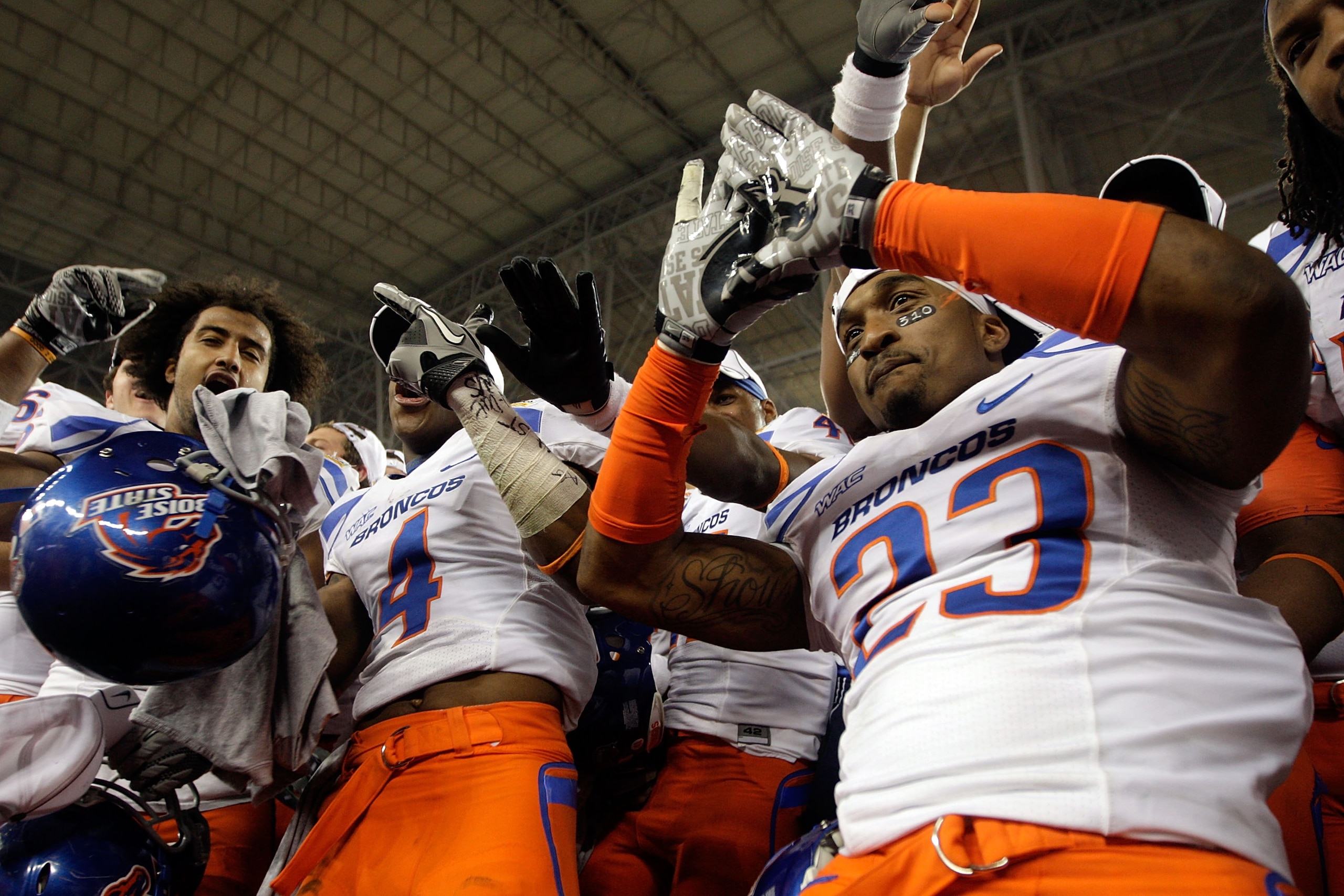 GLENDALE, AZ - JANUARY 04: Jeron Johnson #23 and Titus Young #4 of the Boise State Broncos celebrate after defeating the TCU Horned Frogs 17-10 during the Tostitos Fiesta Bowl at the Universtity of Phoenix Stadium on January 4, 2010 in Glendale, Arizona. GLENDALE, AZ - JANUARY 04: Jeron Johnson #23 and Titus Young #4 of the Boise State Broncos celebrate after defeating the TCU Horned Frogs 17-10 during the Tostitos Fiesta Bowl at the Universtity of Phoenix Stadium on January 4, 2010 in Glendale, Arizona.