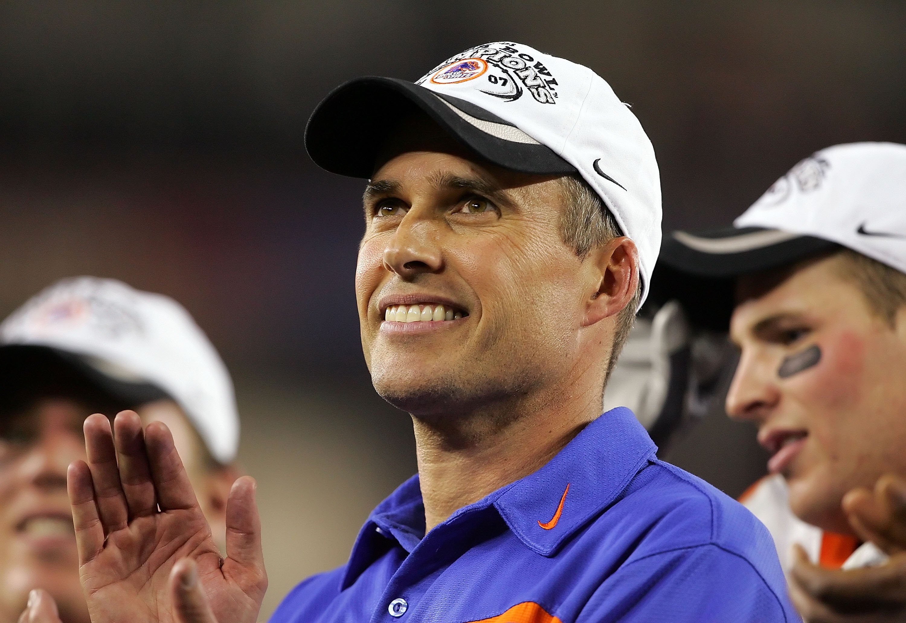 GLENDALE, AZ - JANUARY 01:  Head coach Chris Petersen of the Boise State Broncos celebrates after a win over the Oklahoma Sooners 43-42 in the Tostito's Fiesta Bowl at University of Phoenix Stadium January 1, 2007 in Glendale, Arizona.  (Photo by Lisa Blu