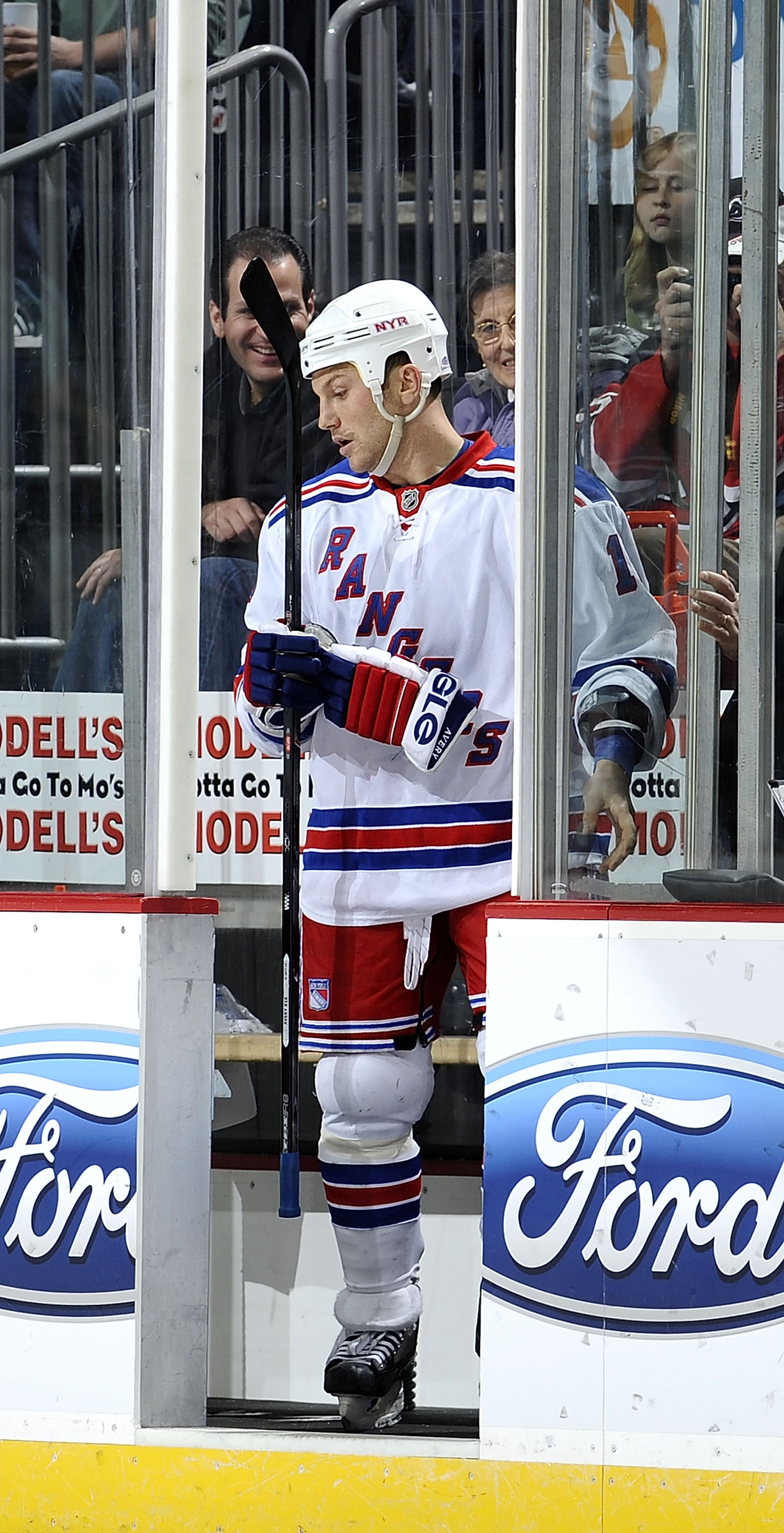 NEWARK, NJ - MARCH 25:  Sean Avery #16 of the New York Rangers enters the penalty box against the New Jersey Devils at the Prudential Center on March 25, 2010 in Newark, New Jersey.  (Photo by Jeff Zelevansky/Getty Images)