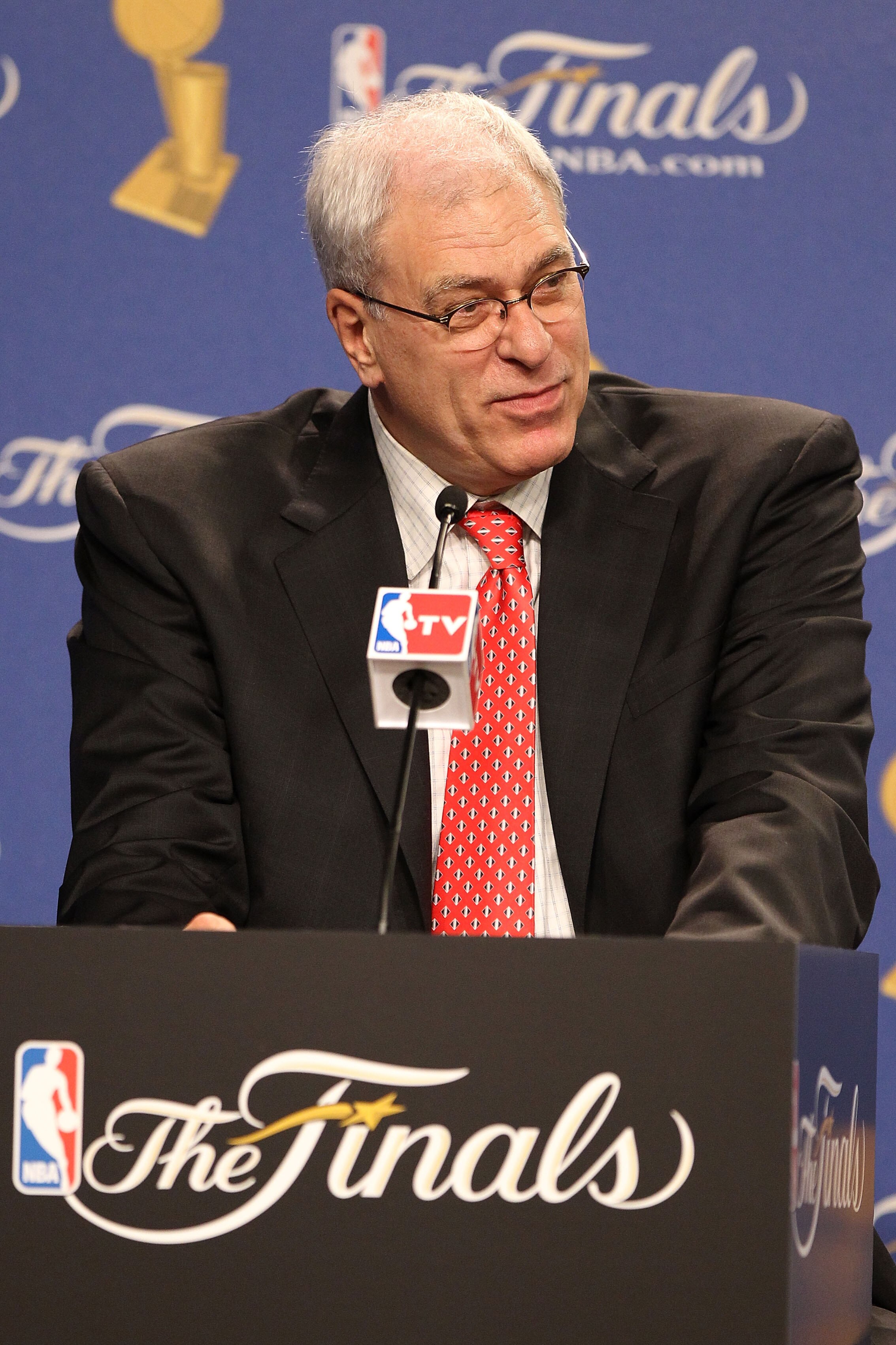 LOS ANGELES, CA - JUNE 03:  Head coach Phil Jackson of the Los Angeles Lakers answers questions from the media after the Lakers won 102-89 against the Boston Celtics in Game One of the 2010 NBA Finals at Staples Center on June 3, 2010 in Los Angeles, Cali