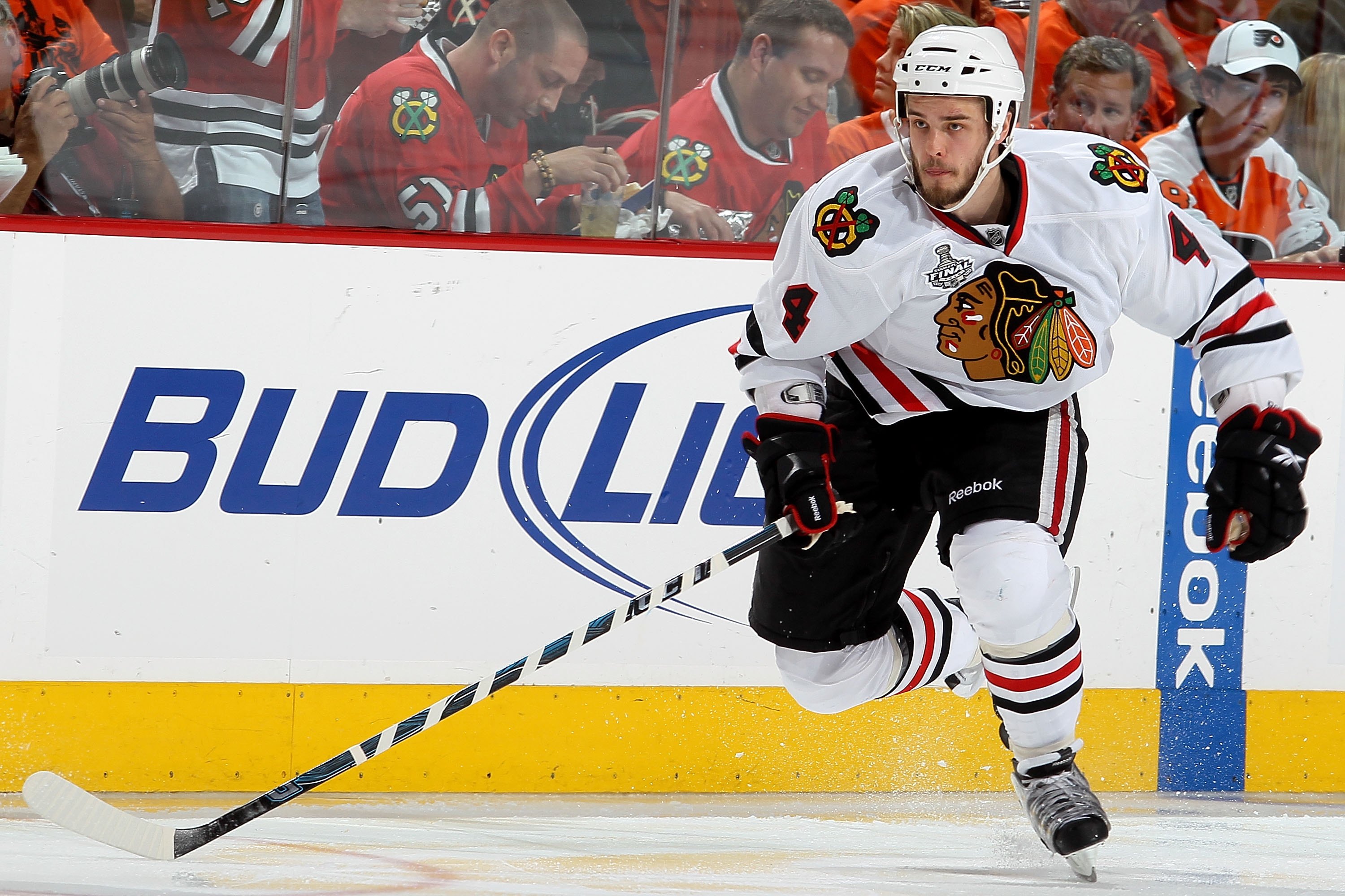 PHILADELPHIA - JUNE 04:  Niklas Hjalmarsson #4 of the Chicago Blackhawks skates in Game Four of the 2010 NHL Stanley Cup Final against the Philadelphia Flyers at Wachovia Center on June 4, 2010 in Philadelphia, Pennsylvania.  (Photo by Jim McIsaac/Getty I