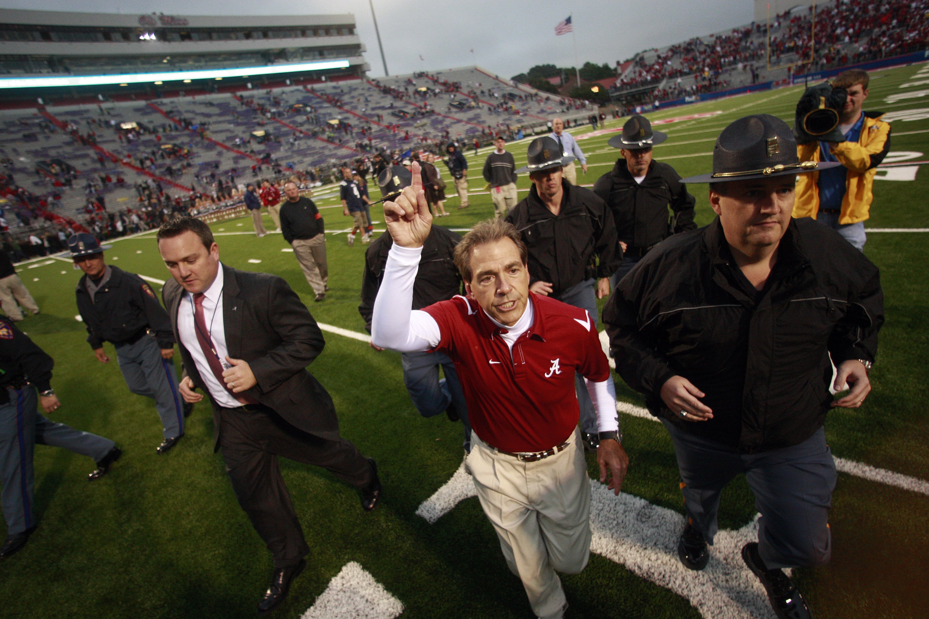 OXFORD, MS - OCTOBER 10:  Coach Nick Saban of the Alabama Crimson Tide reacts at the end of a 22-3 win over the Mississippi Rebels at Vaught-Hemingway Stadium on October 10, 2009 in Oxford, Mississippi. (Photo by Dave Martin/Getty Images)