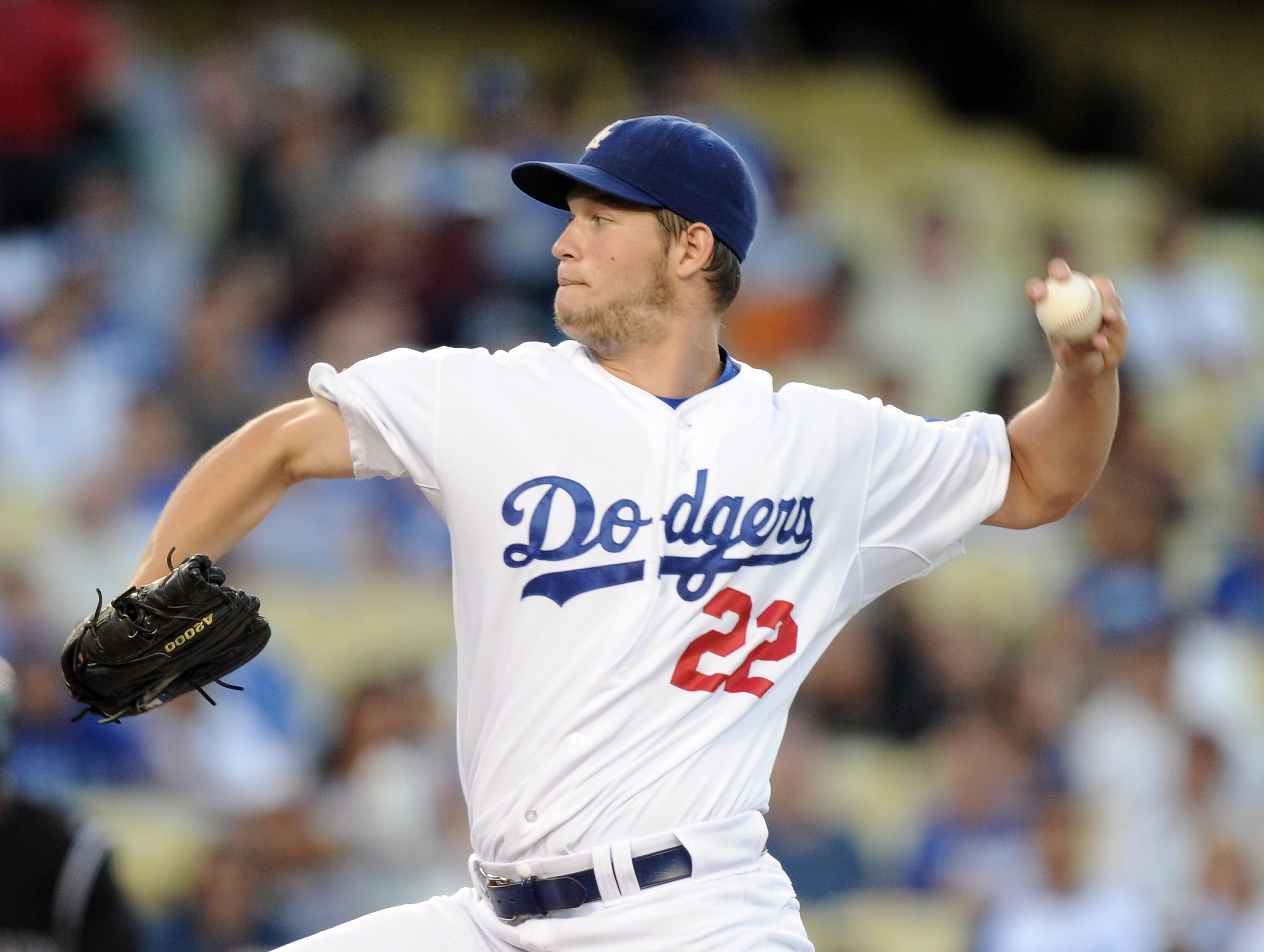 LOS ANGELES, CA - AUGUST 17:  Clayton Kershaw #22 of the Los Angeles Dodgers pitches against the Colorado Rockies during the first inning at Dodger Stadium on August 17, 2010 in Los Angeles, California.  (Photo by Harry How/Getty Images)