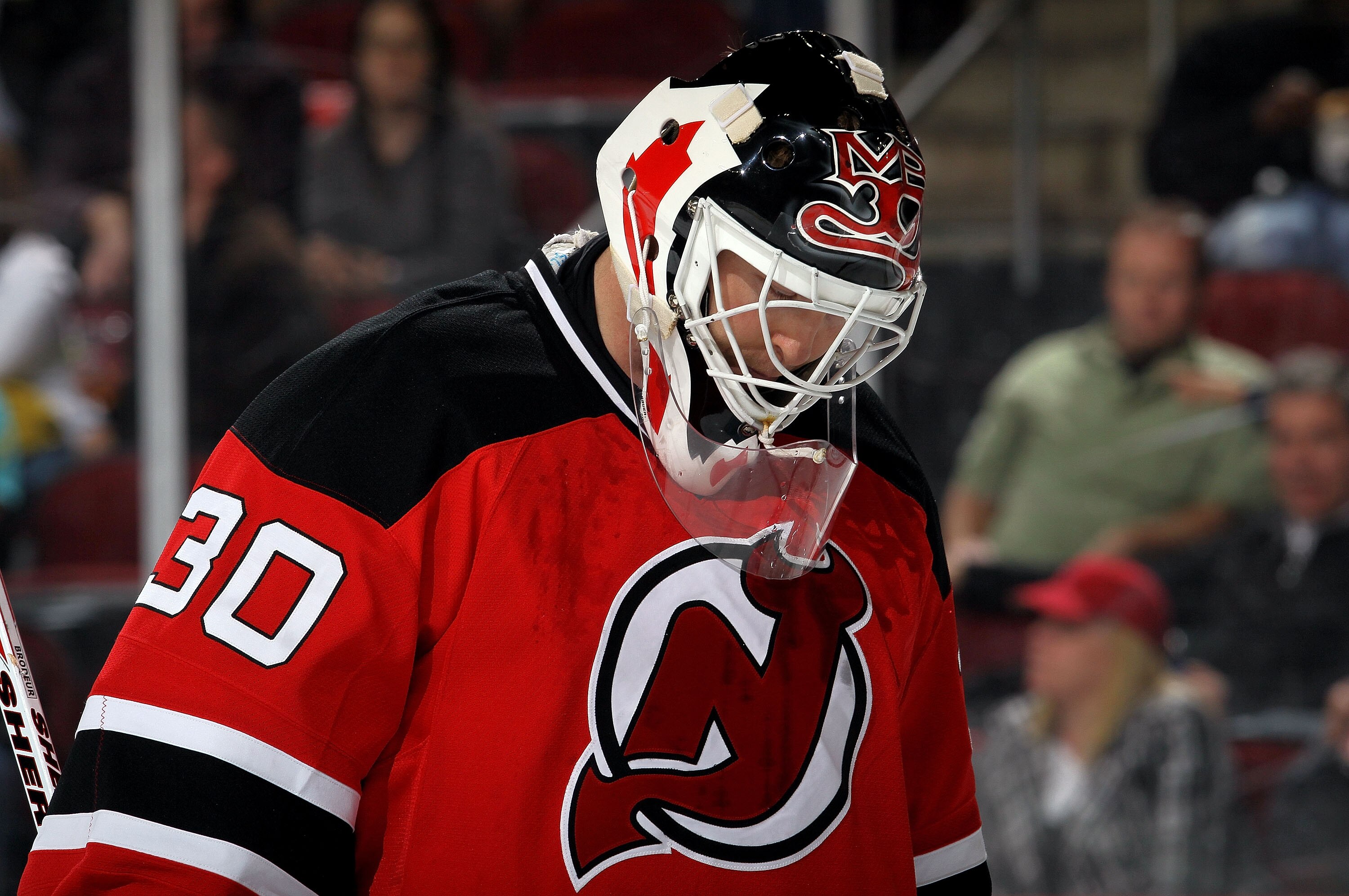 NEWARK, NJ - APRIL 22:  Martin Brodeur #30 of the New Jersey Devils looks on against the Philadelphia Flyers in Game 5 of the Eastern Conference Quarterfinals during the 2010 NHL Stanley Cup Playoffs at the Prudential Center at on April 22, 2010 in Newark