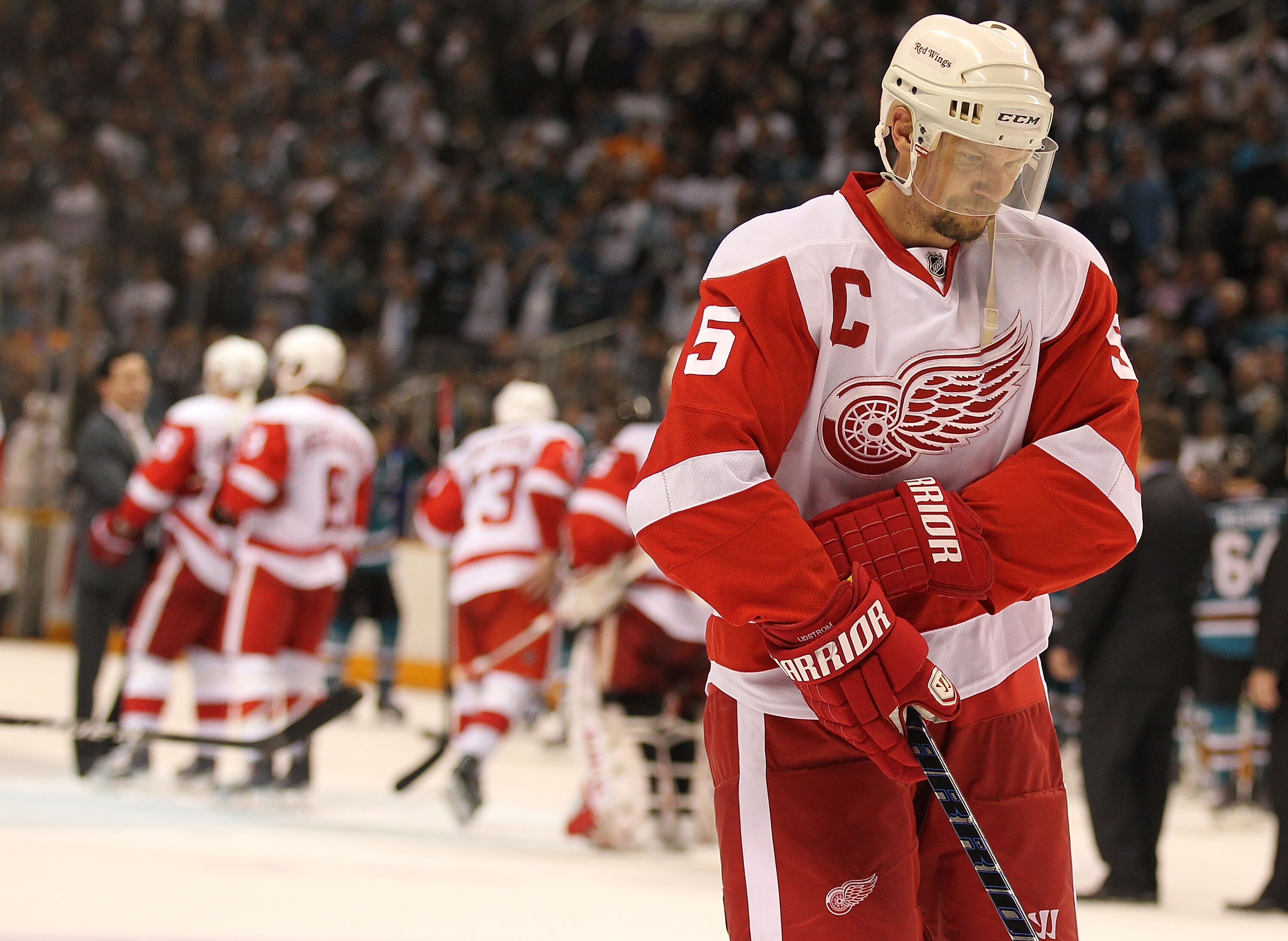 SAN JOSE, CA - MAY 08:  Nicklas Lidstrom #5 of the Detroit Red Wings skates off the ice after losing to the San Jose Sharks in Game Five of the Western Conference Semifinals during the 2010 NHL Stanley Cup Playoffs at HP Pavilion on May 8, 2010 in San Jos