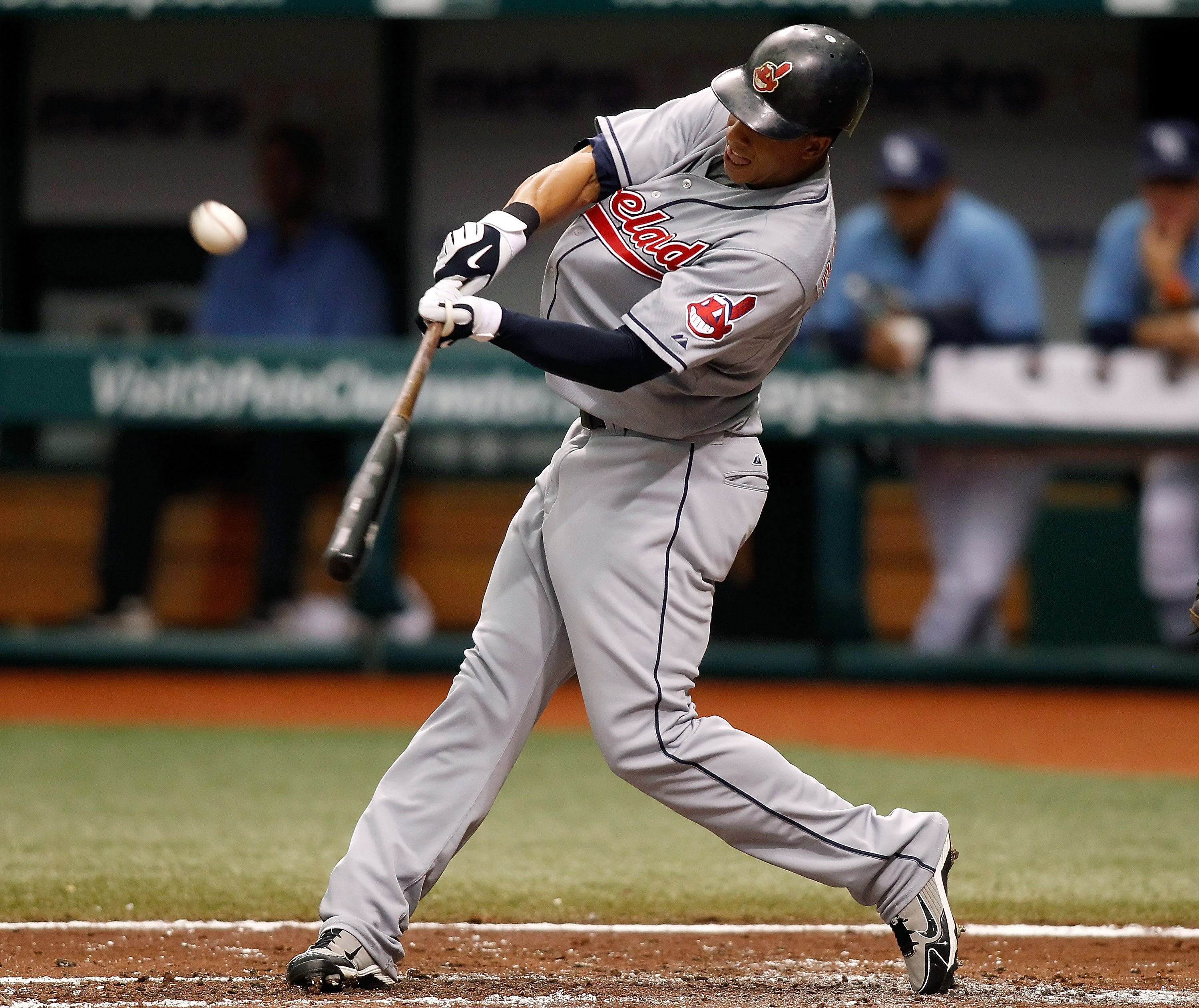 ST PETERSBURG, FL - JULY 11:  Outfielder Michael Brantley #23 of the Cleveland Indians fouls off a pitch against the Tampa Bay Rays at Tropicana Field on July 11, 2010 in St. Petersburg, Florida.  (Photo by J. Meric/Getty Images)