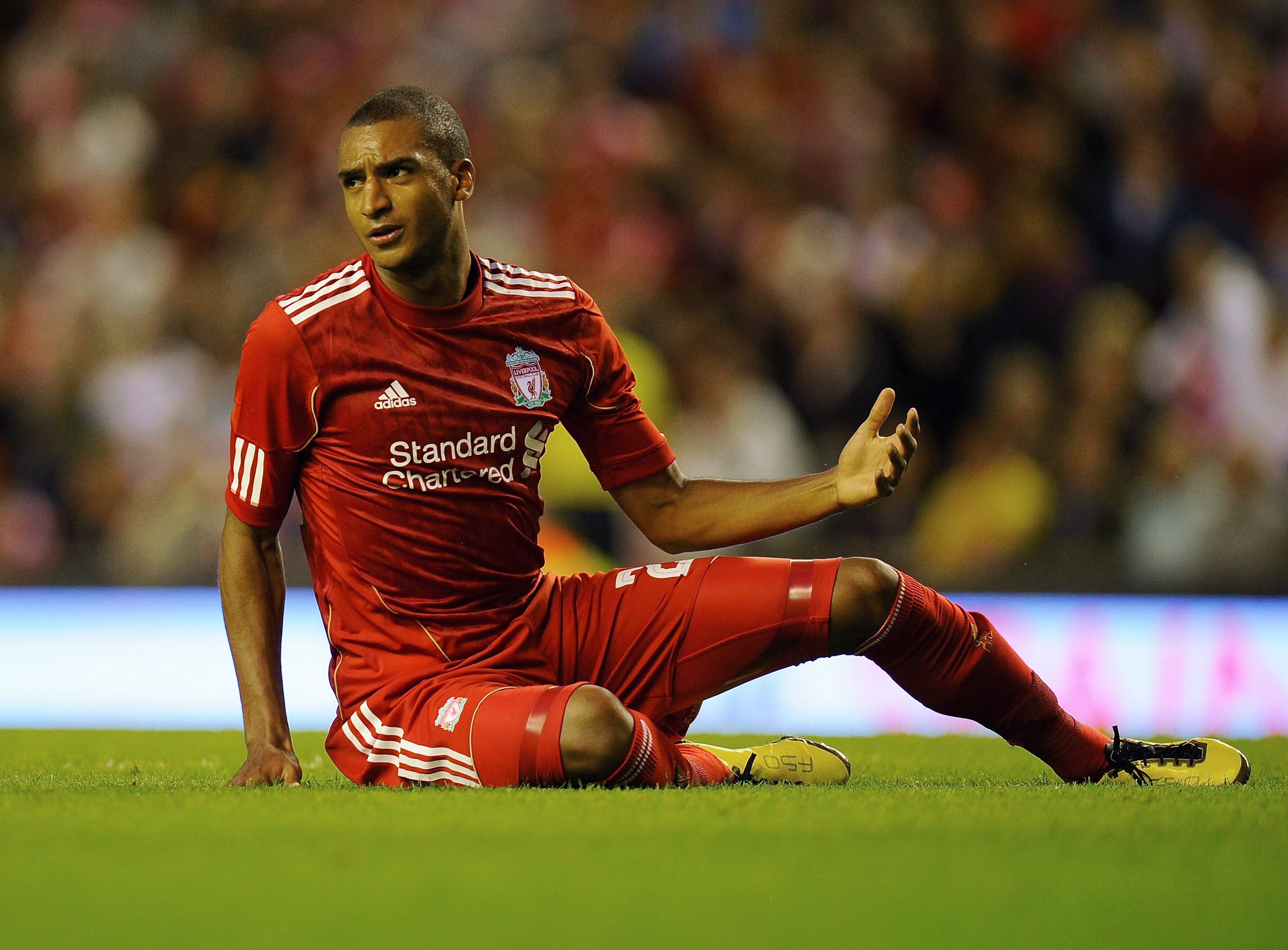 LIVERPOOL, ENGLAND - AUGUST 05:  David Ngog of Liverpool appeals during the Europa League, Third Qualifying Round, Second Leg match between Liverpool and FK Rabotnicki at Anfield on August 5, 2010 in Liverpool, England.  (Photo by Clive Mason/Getty Images