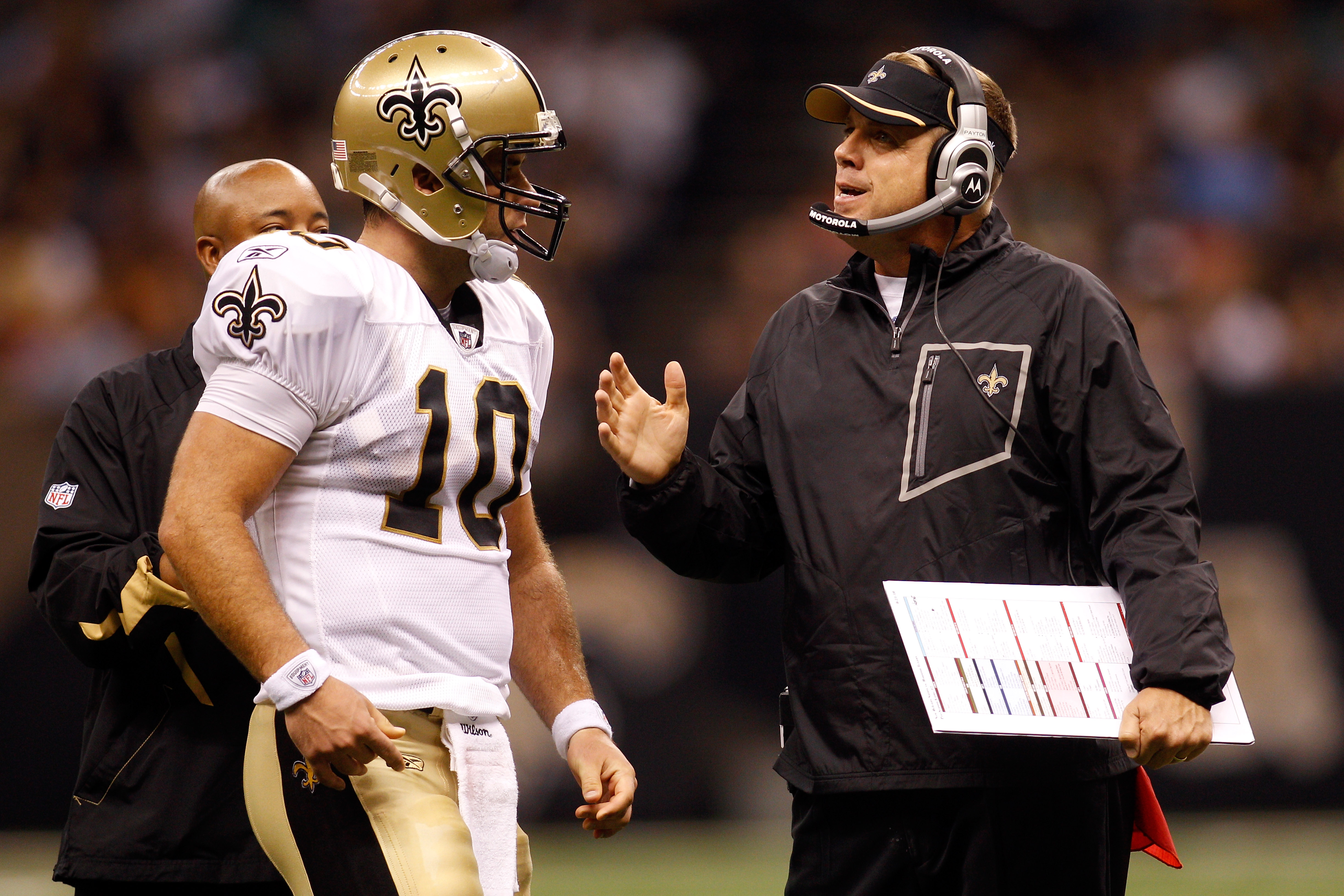 NEW ORLEANS - AUGUST 21:  Quarterback Chase Daniel #10 talks with head coach Sean Payton of the New Orleans Saints during a timeout against the Houston Texans at the Louisiana Superdome on August 21, 2010 in New Orleans, Louisiana.  (Photo by Chris Grayth