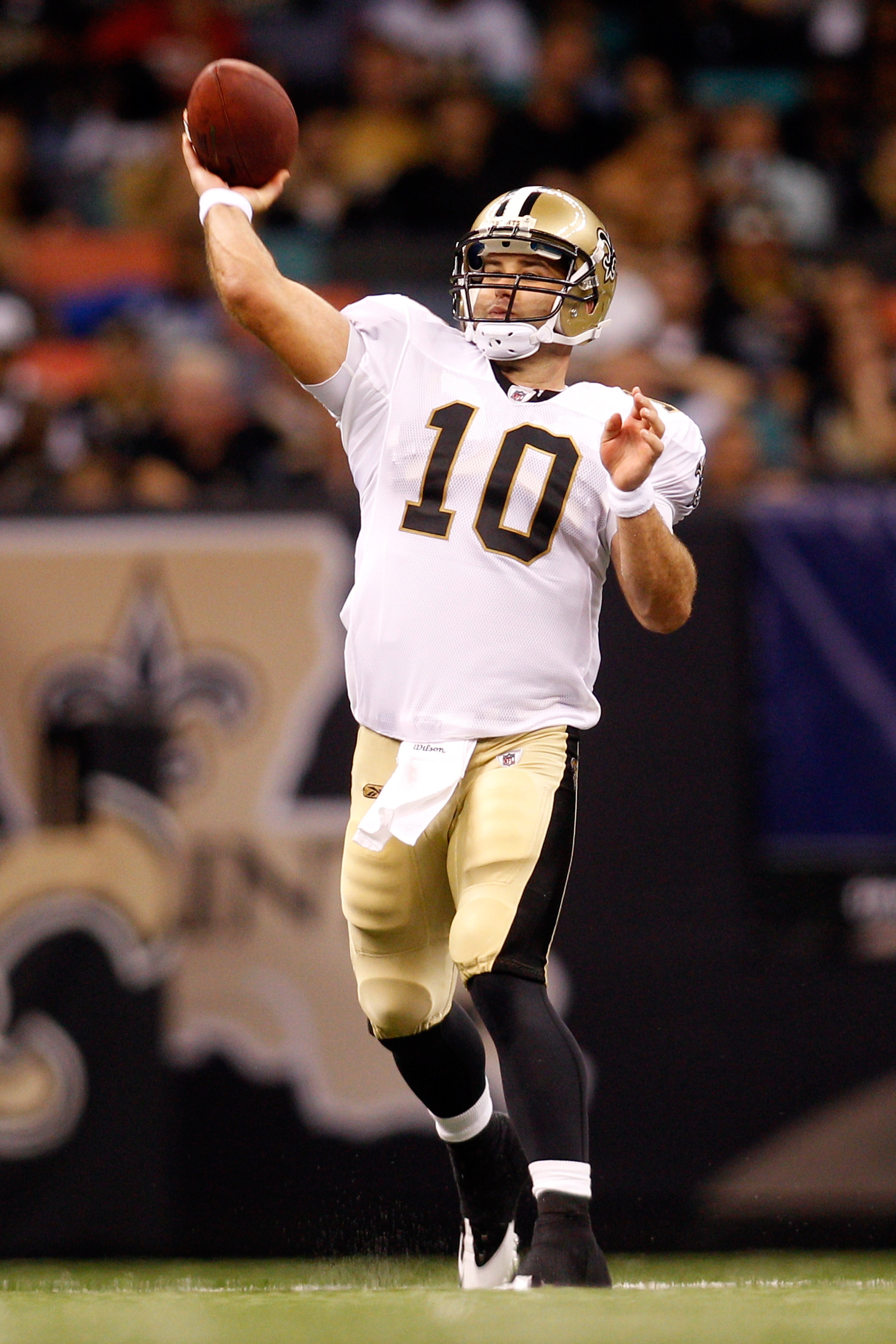 NEW ORLEANS - AUGUST 21:  Chase Daniel #10 of the New Orleans Saints throws the ball against the Houston Texans at the Louisiana Superdome on August 21, 2010 in New Orleans, Louisiana.  The Saints defeated the Texans 38-20.  (Photo by Chris Graythen/Getty